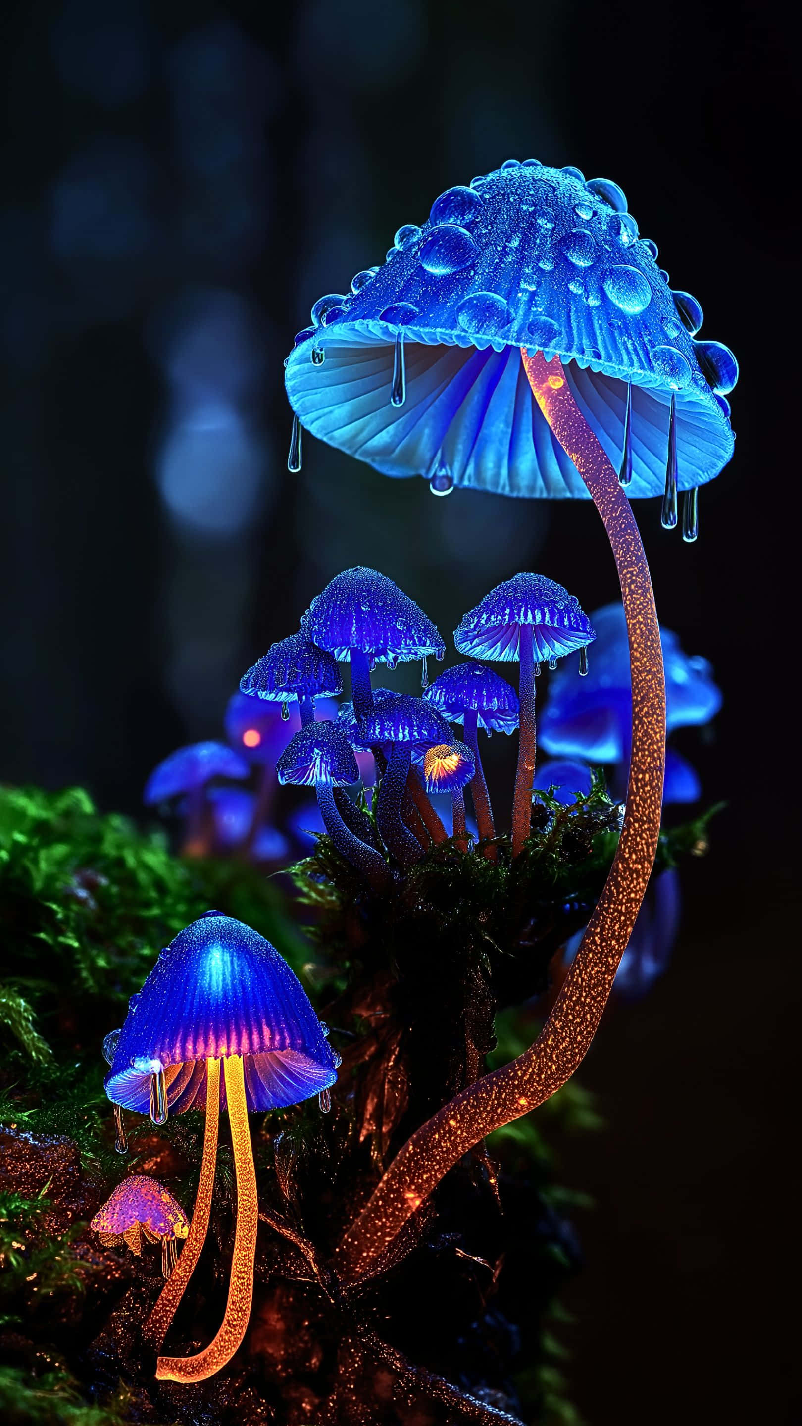 bioluminescent mushrooms, glowing blue, water droplets, 2K Phone Wallpaper