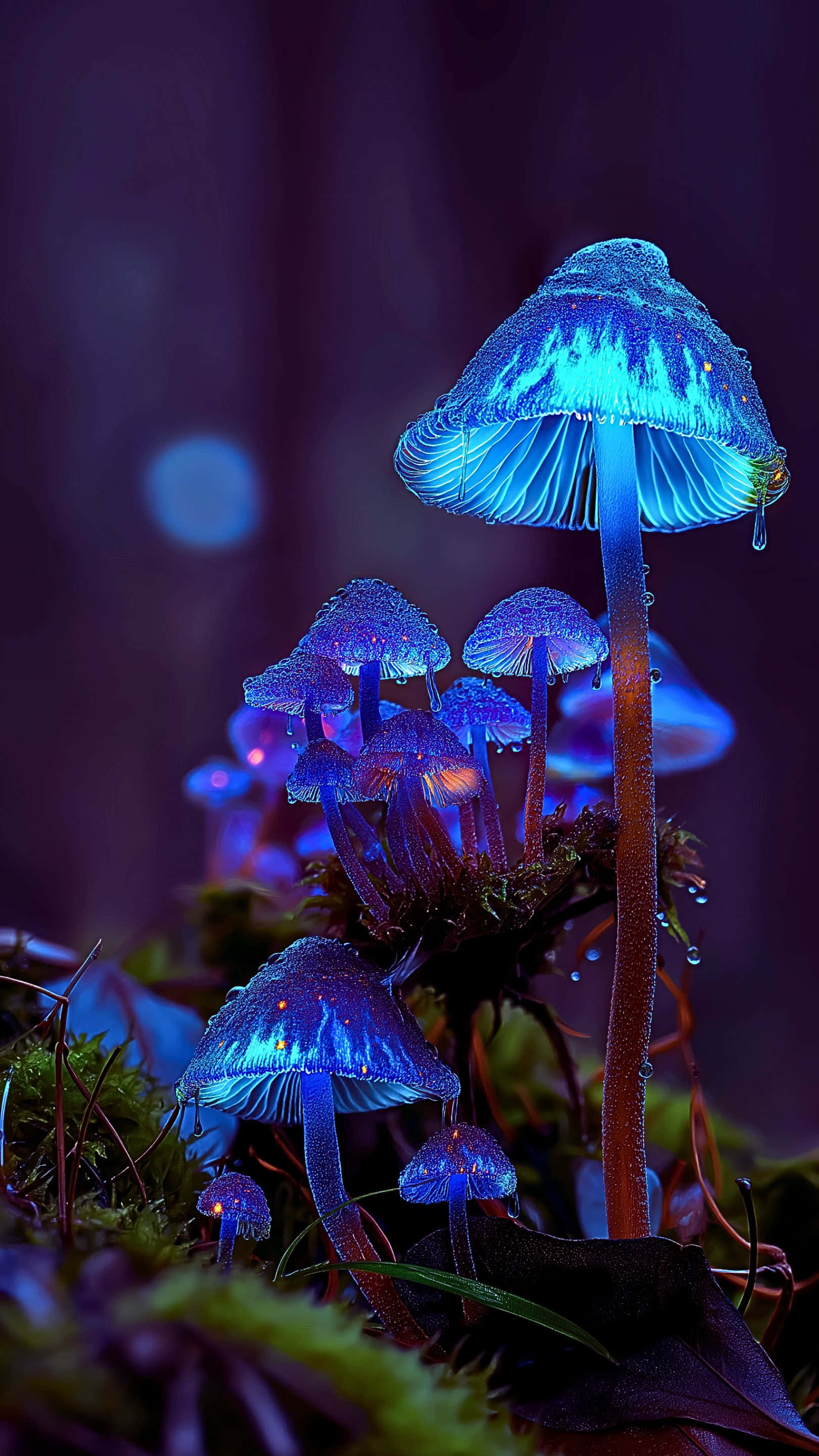 bioluminescent mushrooms, mystical forest night, glowing blue mushrooms, 2K Phone Wallpaper