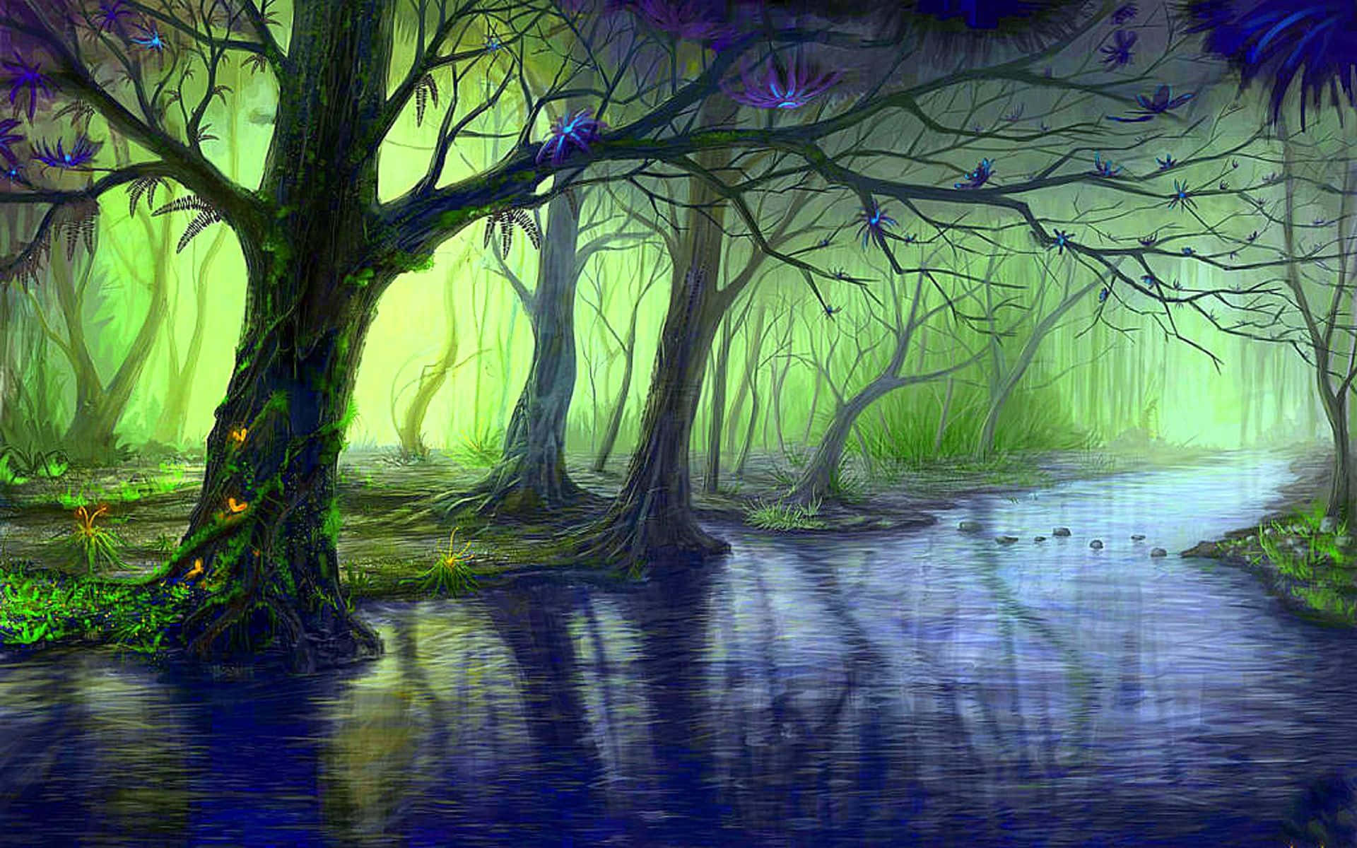 neon green light, dark river, twisted trees, Full HD Desktop Wallpaper
