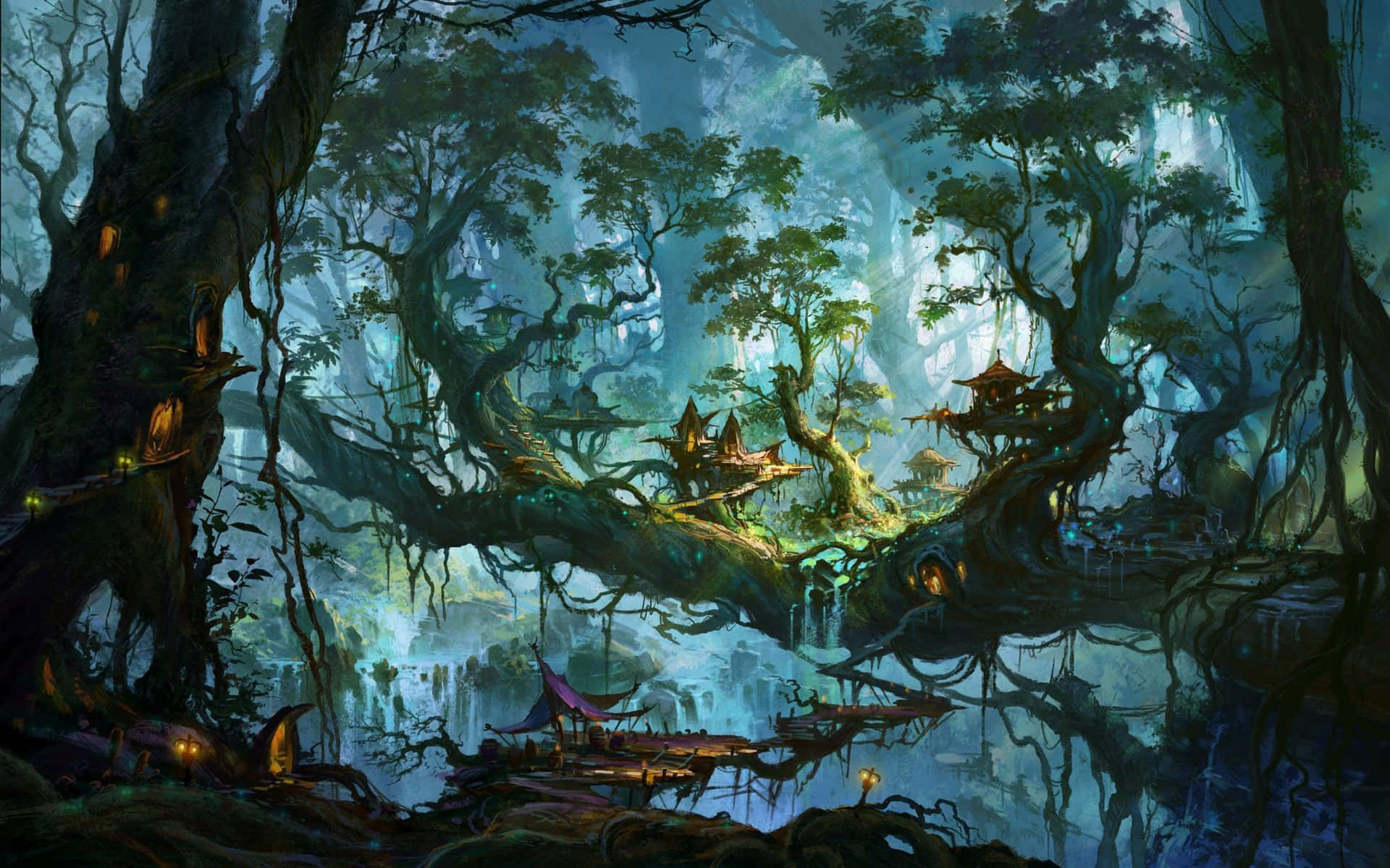 Enchanting, mystical forest, bioluminescent lights, Full HD Desktop Wallpaper