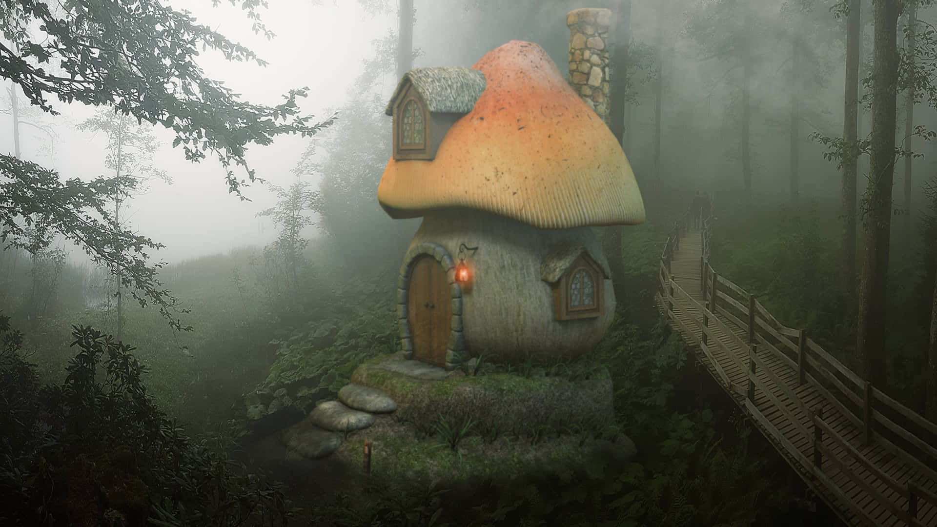 mushroom-shaped cottage, glowing lantern, misty forest, Full HD Desktop Wallpaper