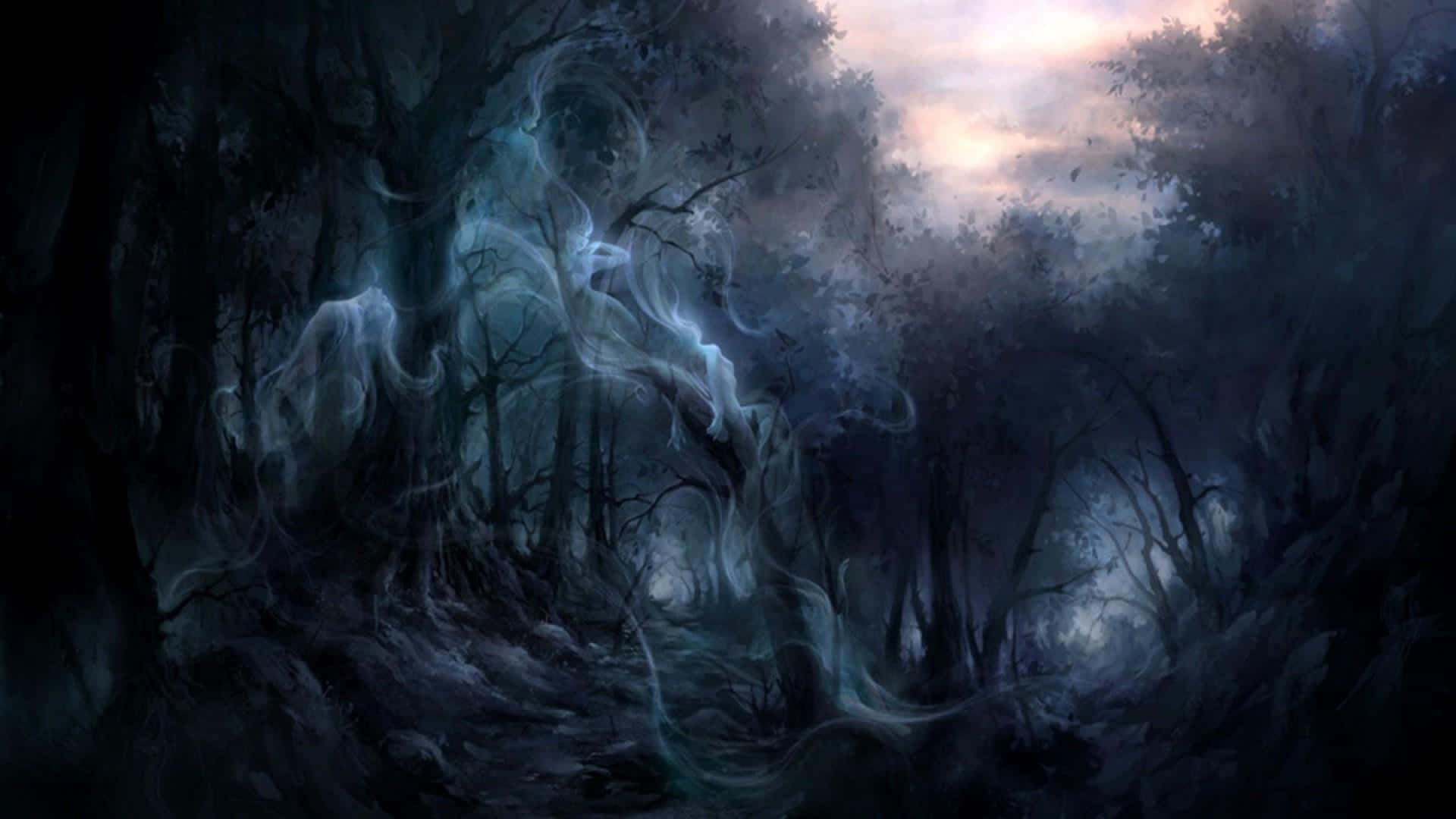 Enchanting, forest pathway, misty ghostly figures, Full HD Desktop Wallpaper