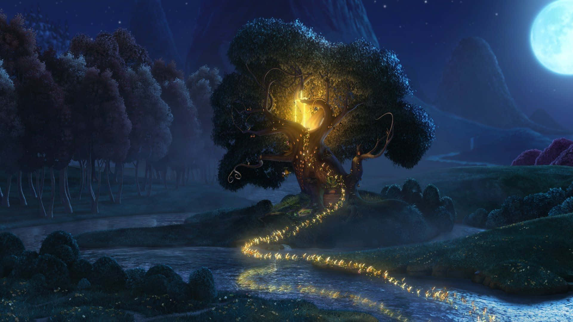 mystical glowing tree, river, full moon, Full HD Desktop Wallpaper