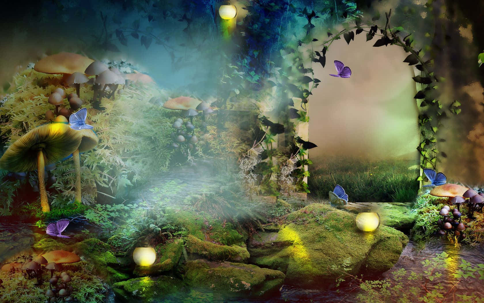 Enchanting Forest Path Wallpaper, mystical forest glade, glowing orbs, HD Desktop Wallpaper