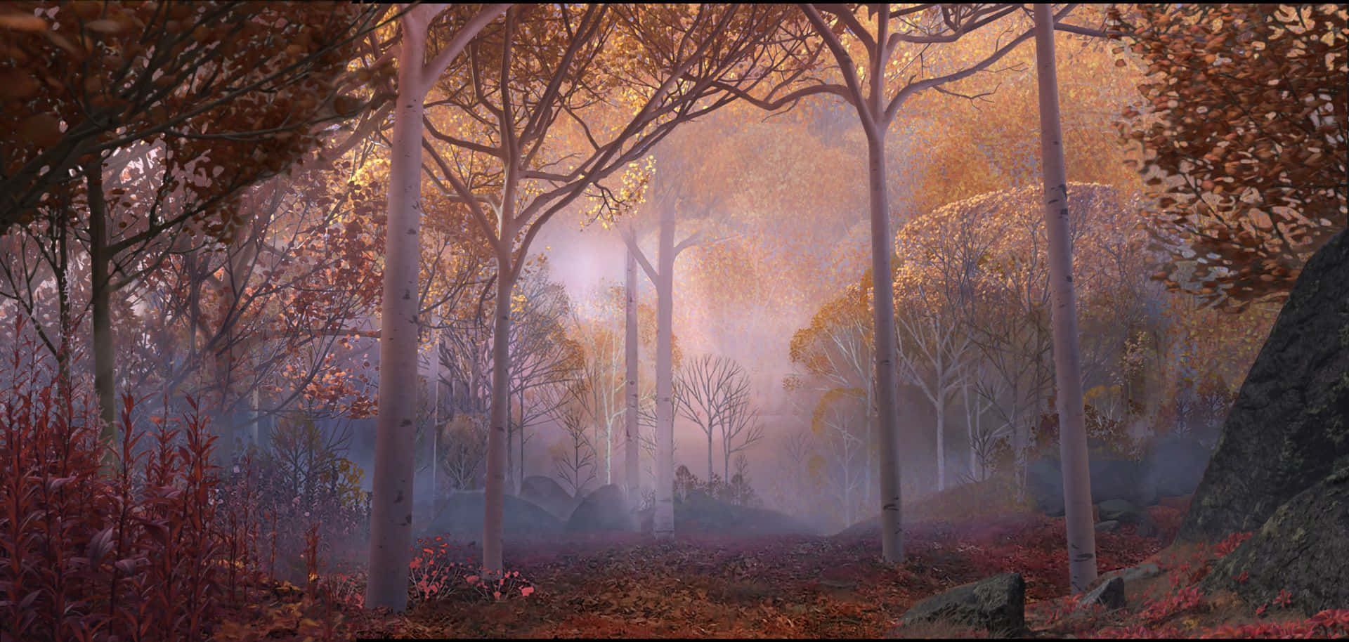 Enchanted Forest Pathway, misty autumn forest, golden sunlight, Full HD Desktop Wallpaper