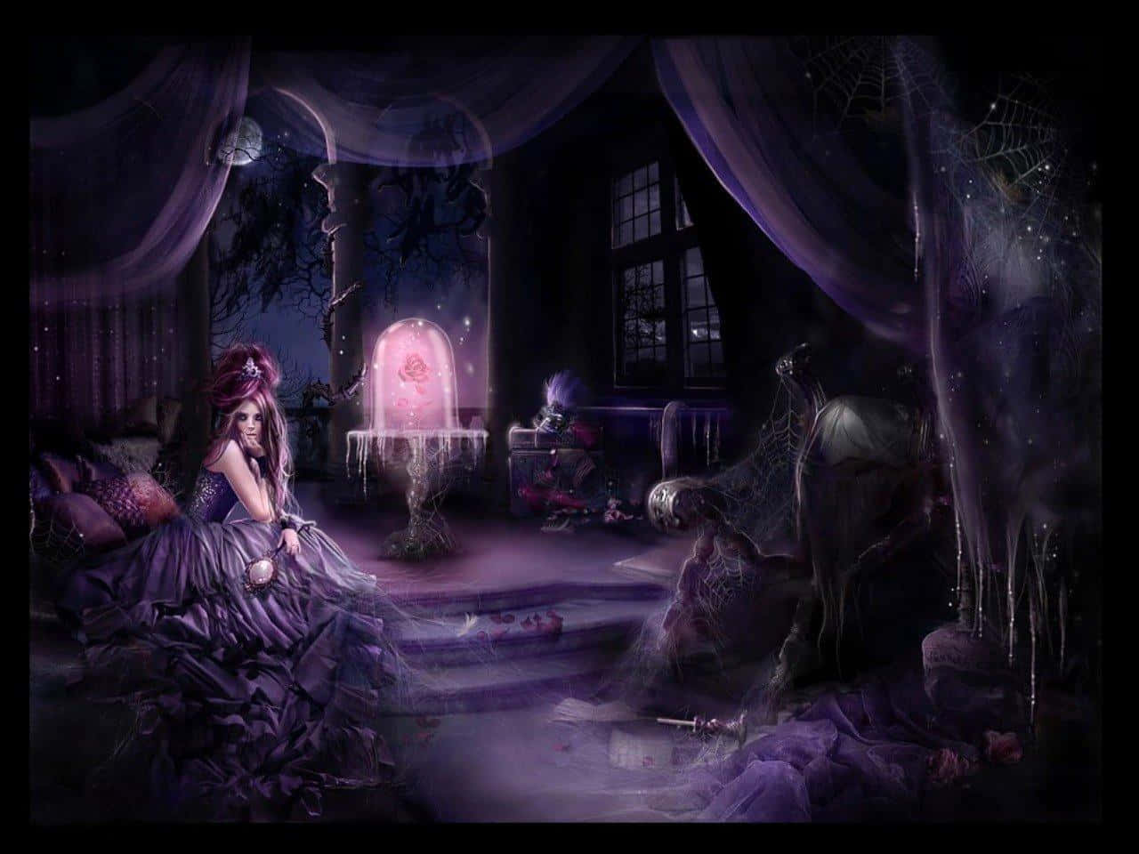 gothic woman, purple gown, haunted room, HD Desktop Wallpaper