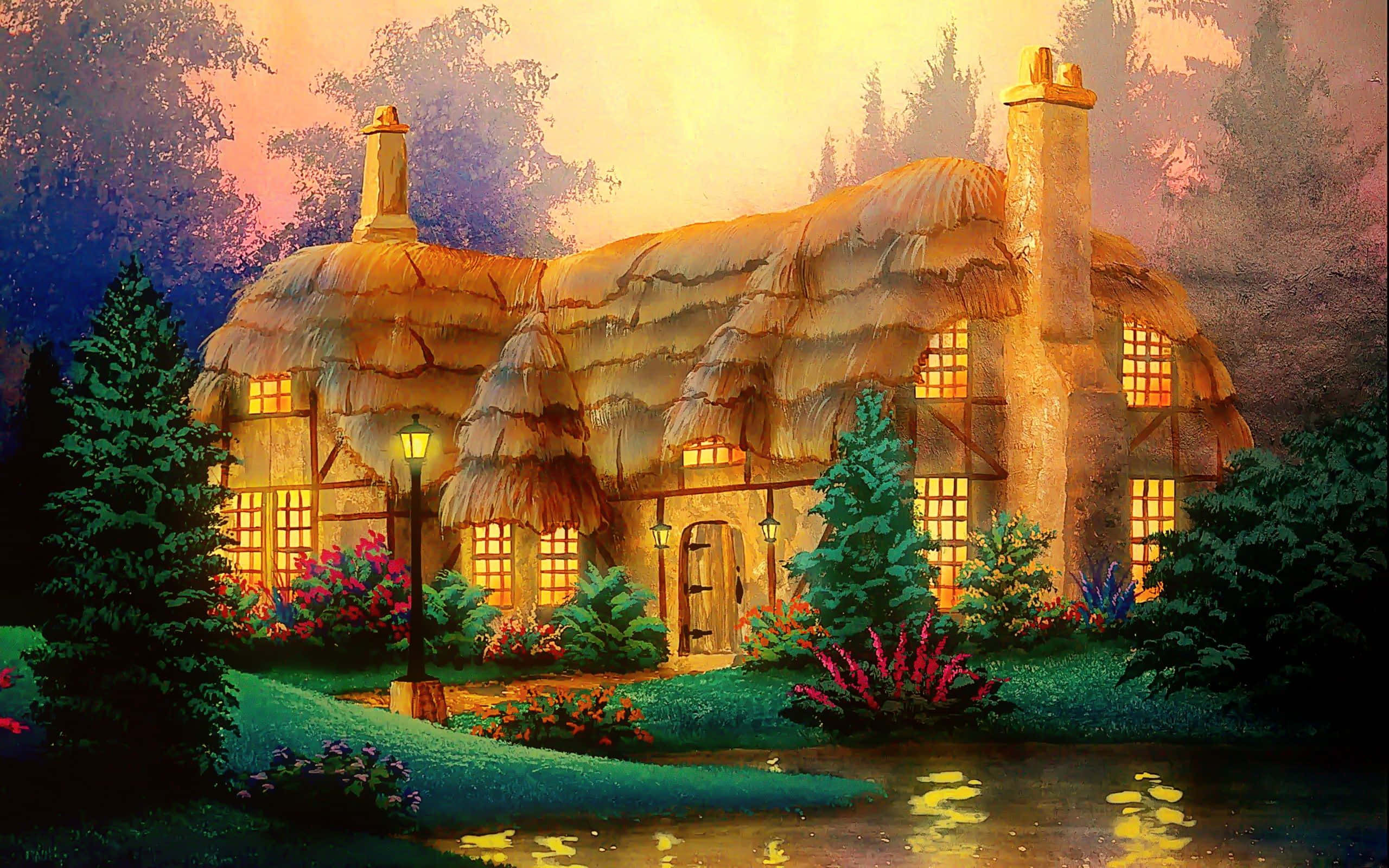 Enchanting forest, sunset, thatched cottage, 2K Desktop Wallpaper