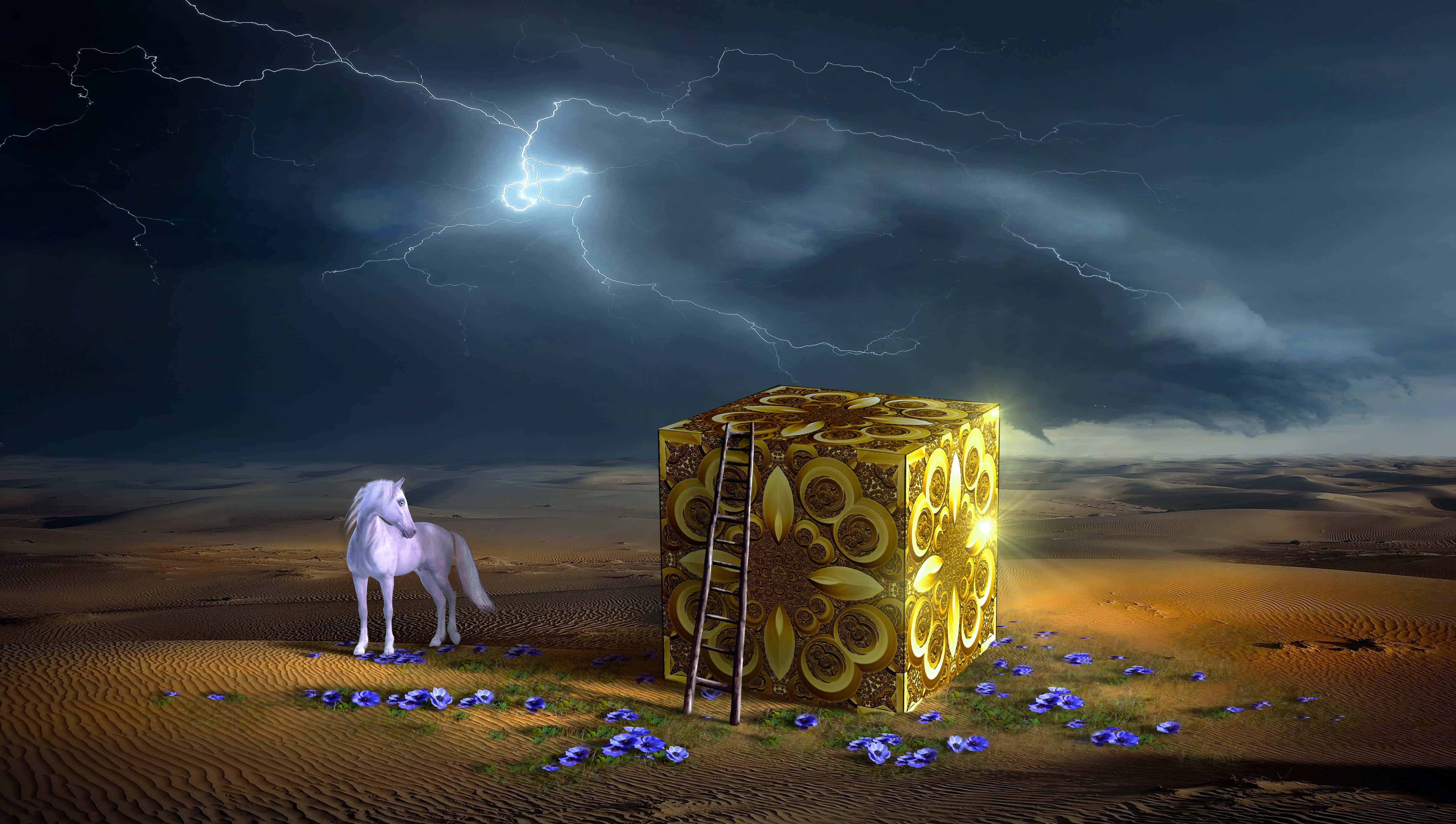 Enchantment 5000 x 2830, white horse, glowing ornate golden cube, 4K Desktop Wallpaper