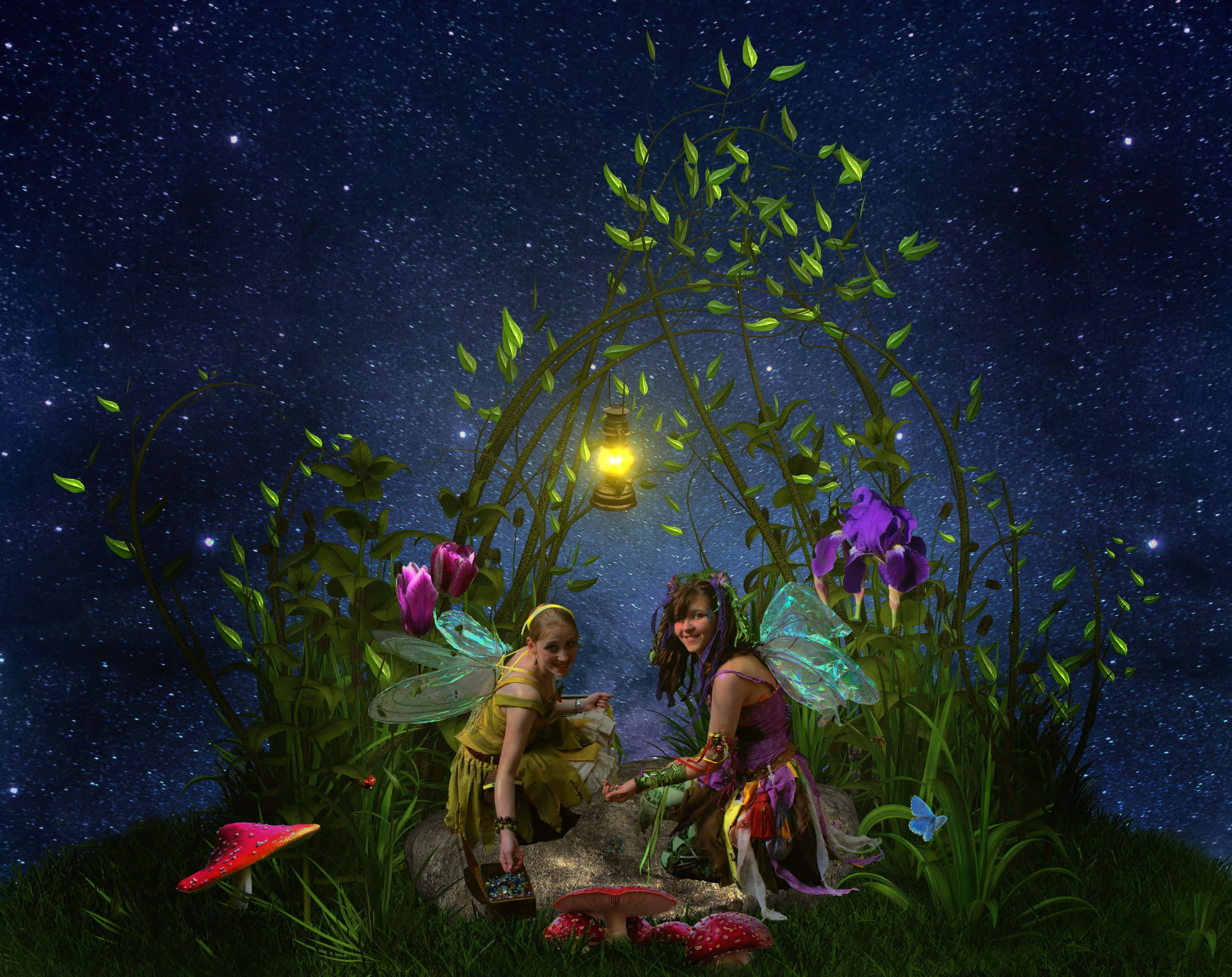 Enchanted Forest Pathway, fairies, glowing wings, 2K Desktop Wallpaper
