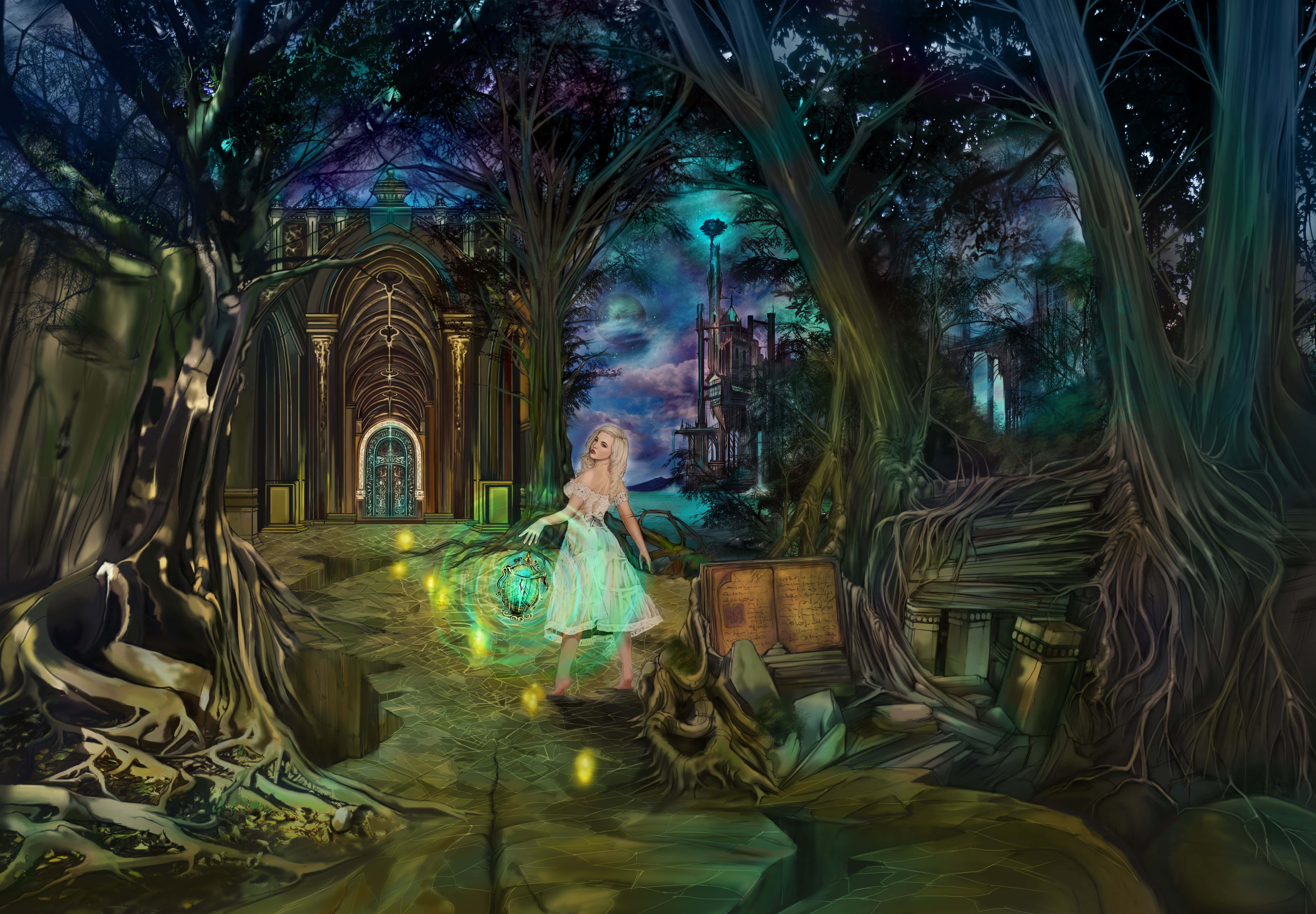 Enchanting Forest Pathway, glowing girl, magical orb, 5K Desktop Wallpaper