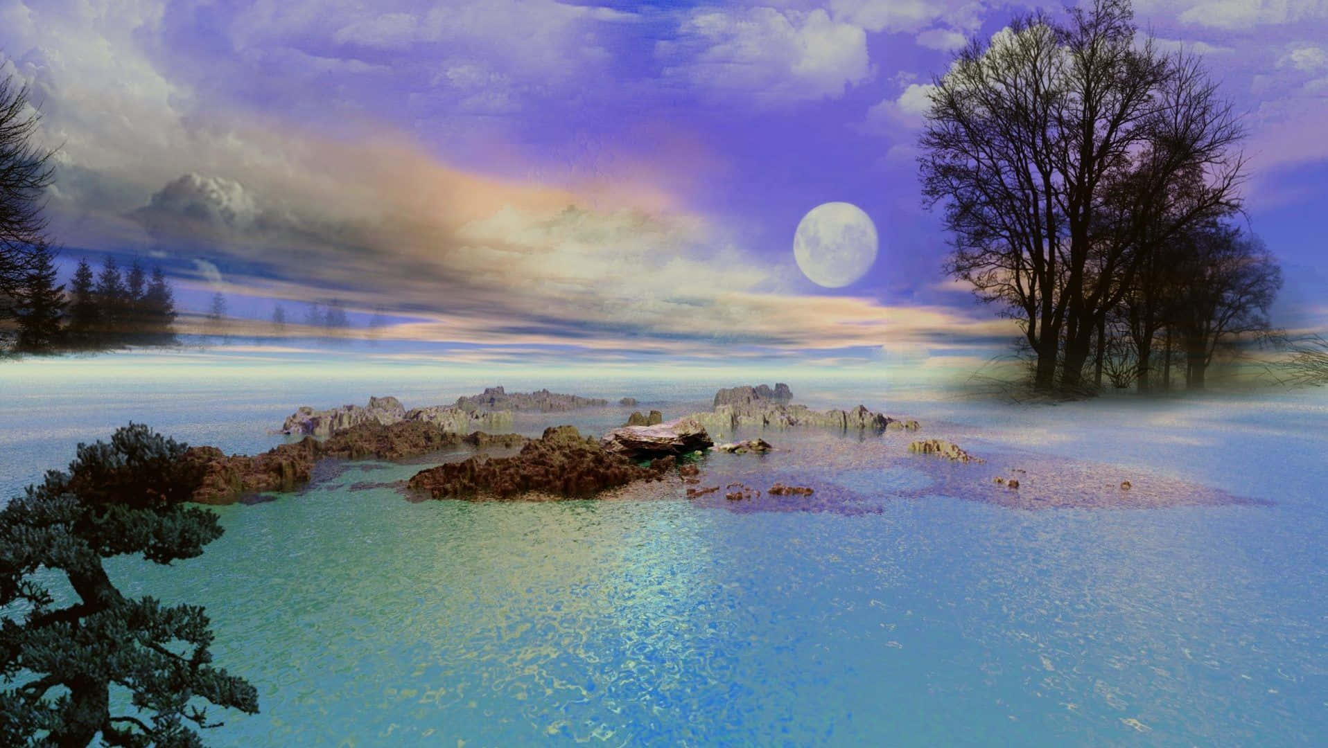 Enchanting Forest Landscape, surreal moonlit landscape, glowing blue water, HD Desktop Wallpaper