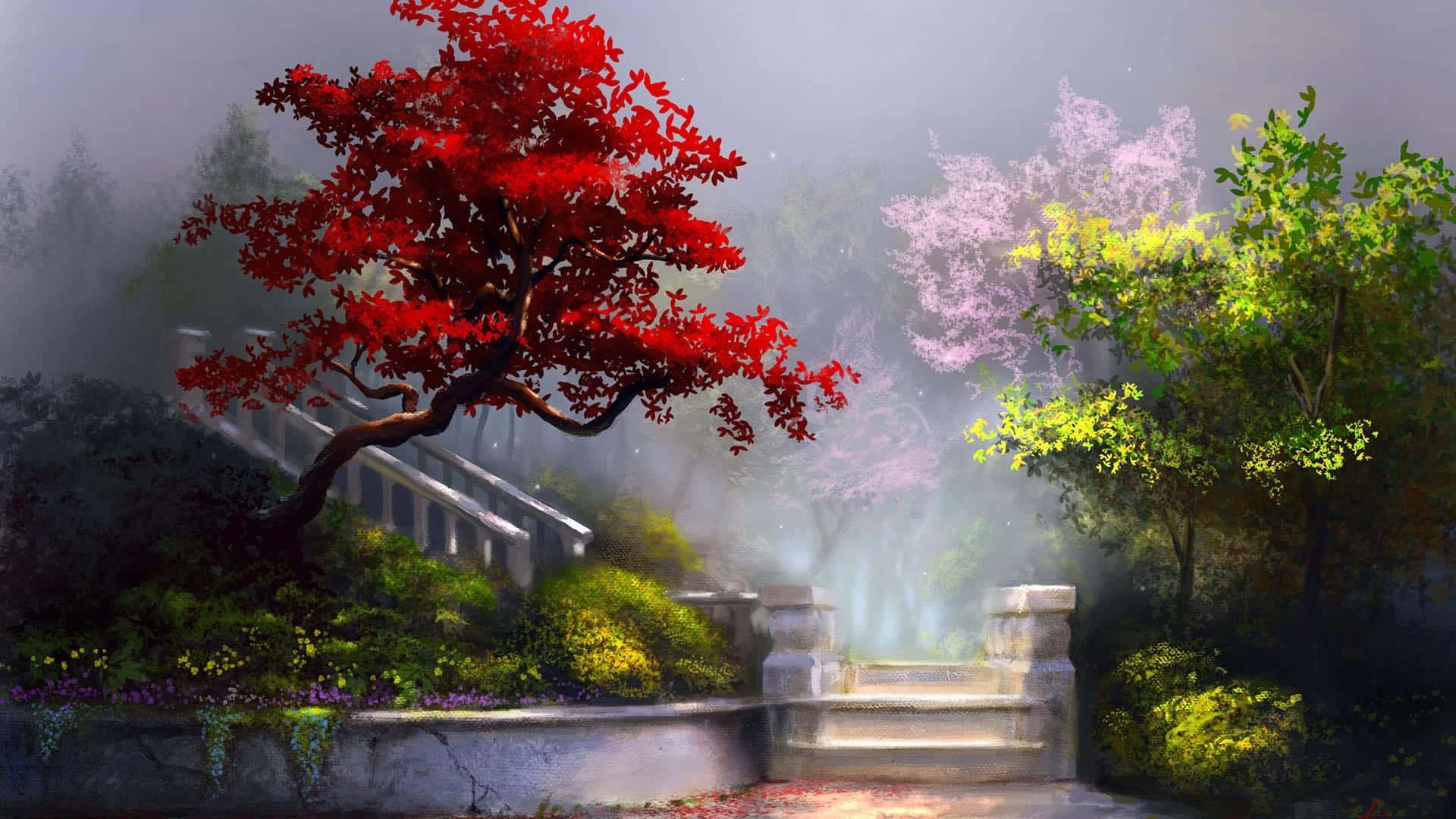 Mystical Enchanted Forest, misty garden path, vibrant red tree, Full HD Desktop Wallpaper