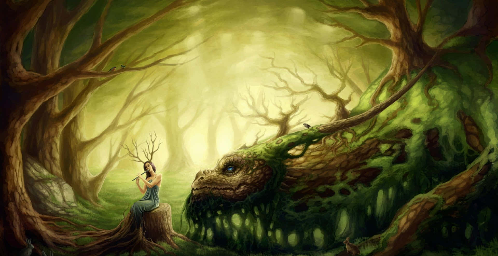Enchantment, moss-covered dragon, mystical forest, Full HD Desktop Wallpaper