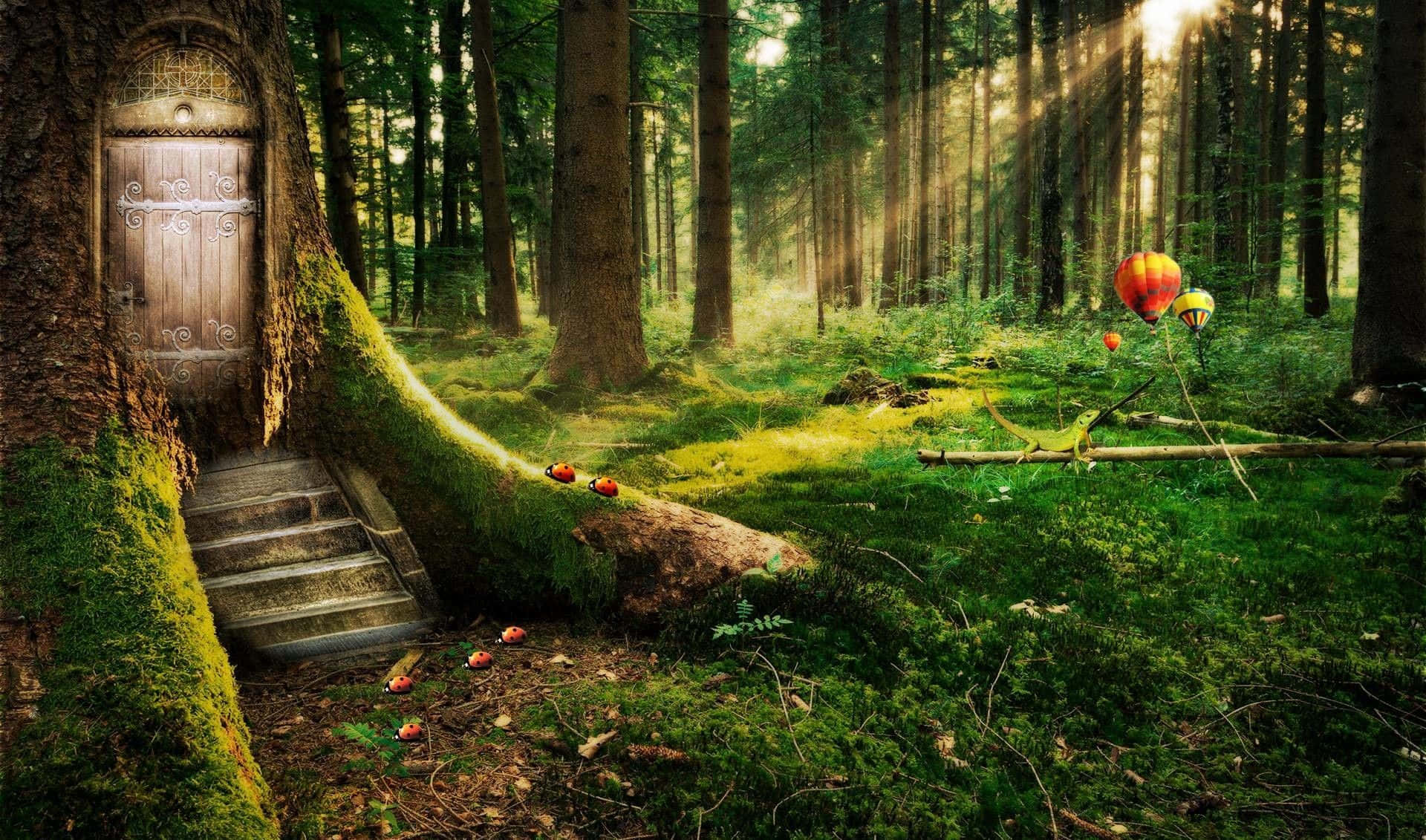 Mystical Enchanted Forest Pathway, mossy tree trunk, wooden door, Full HD Desktop Wallpaper