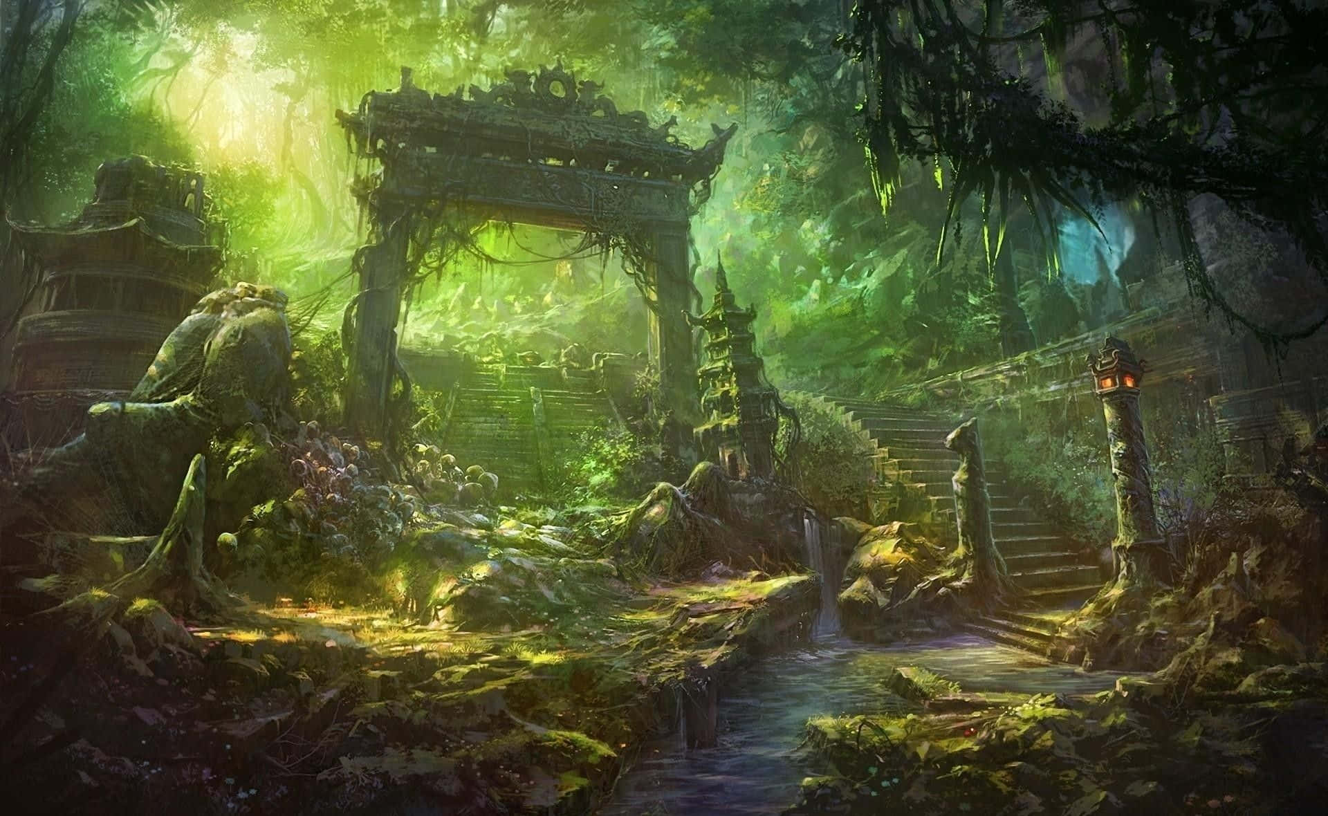 Enchanting Forest Pathway, ancient stone temple ruins, moss and vines, Full HD Desktop Wallpaper