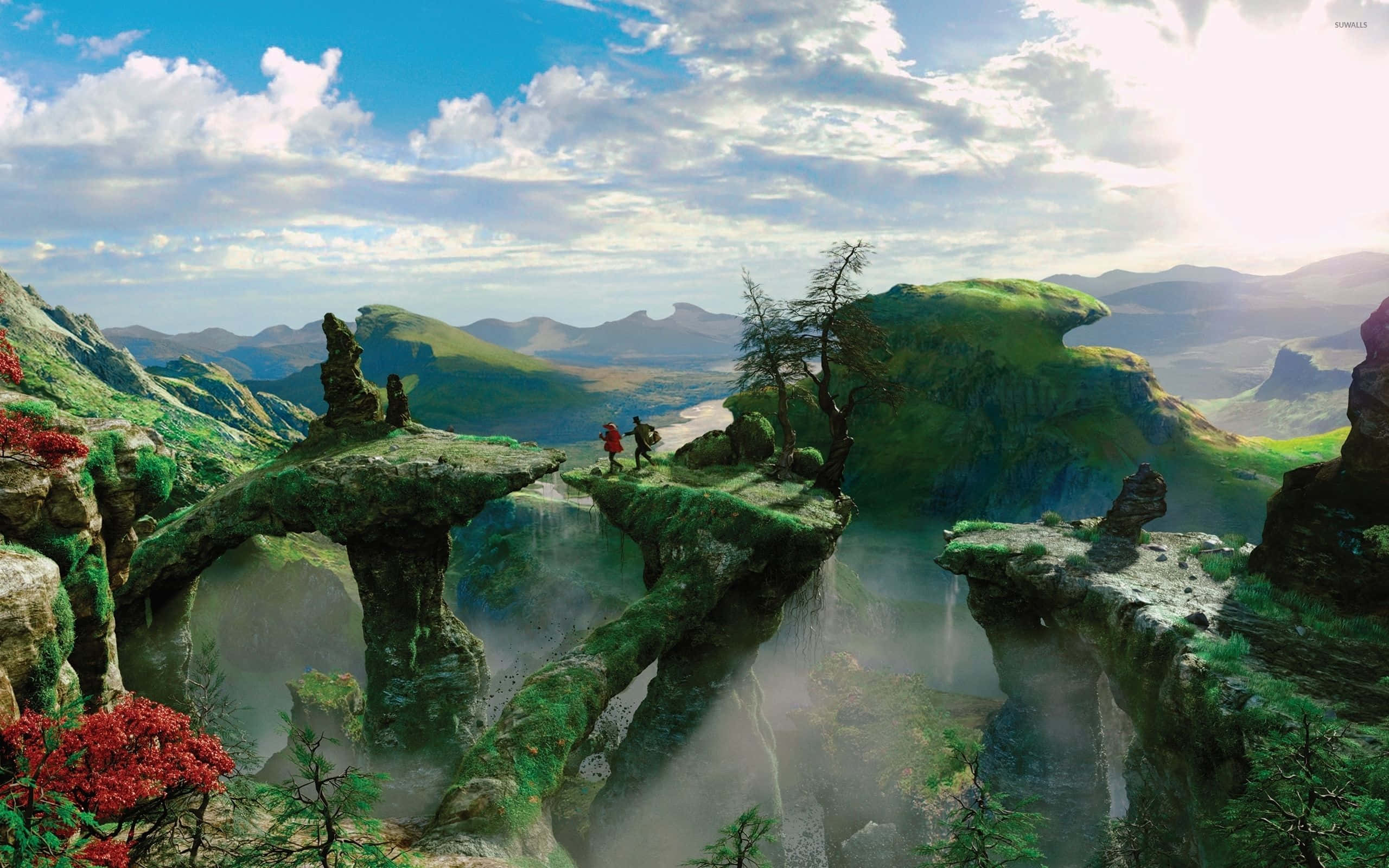 mossy floating rock formation, misty canyon, cascading waterfalls, 2K Desktop Wallpaper