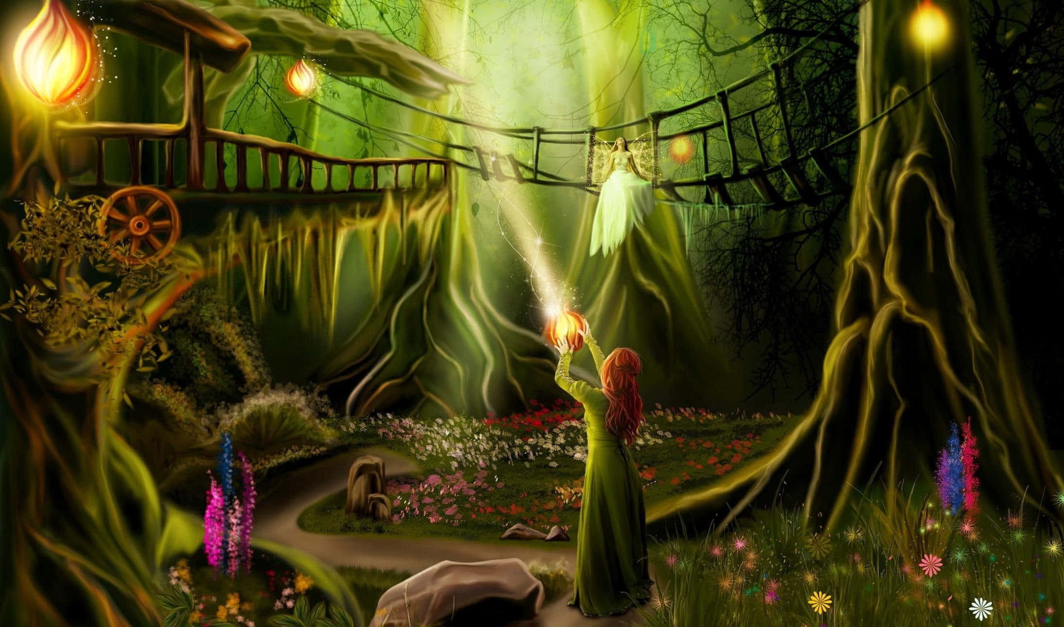 Enchanted Forest Landscape, red-haired woman, green robes, Full HD Desktop Wallpaper