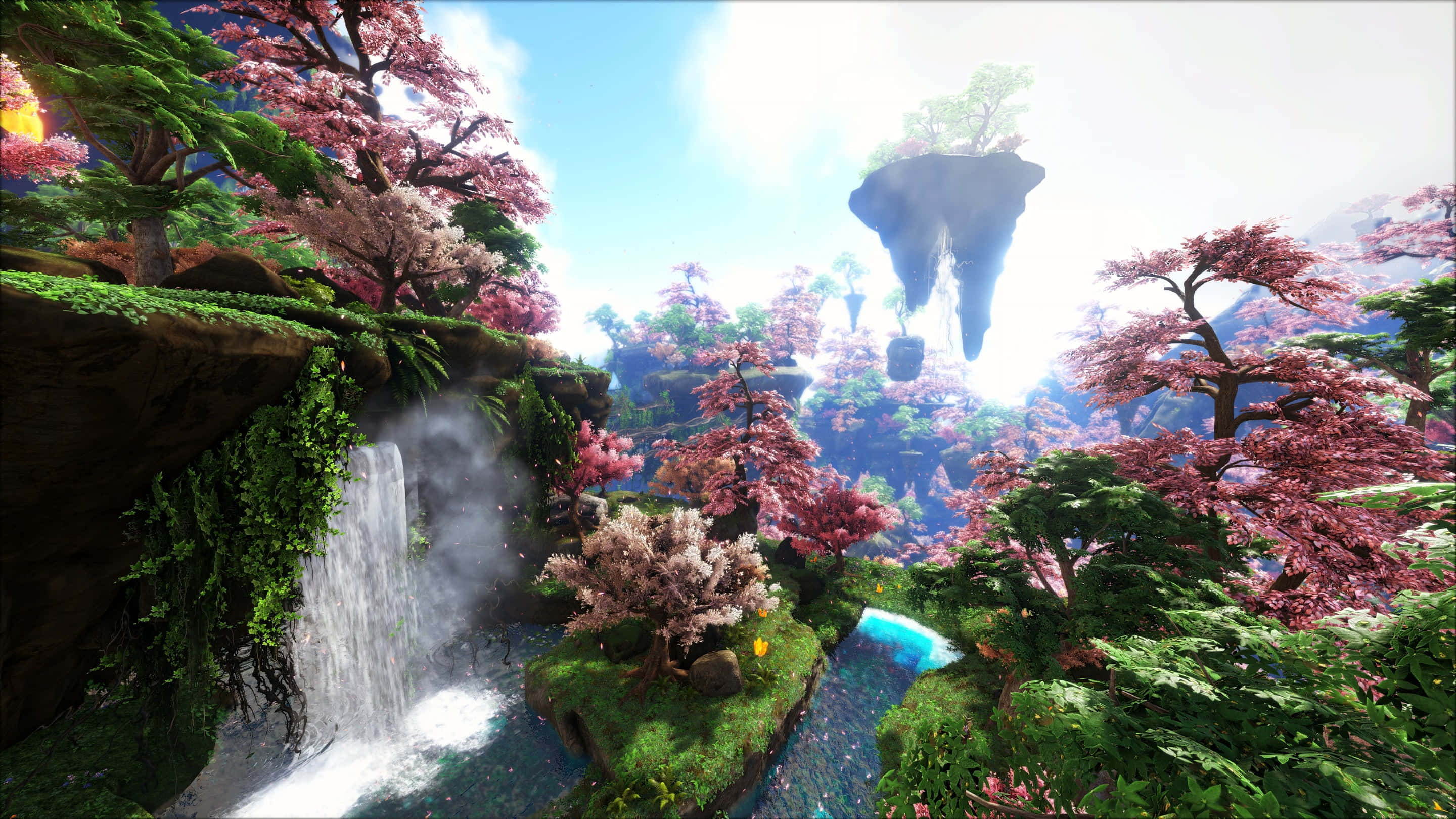 Enchanting Forest Pathway, cherry blossom trees, cascading waterfalls, 2K Desktop Wallpaper