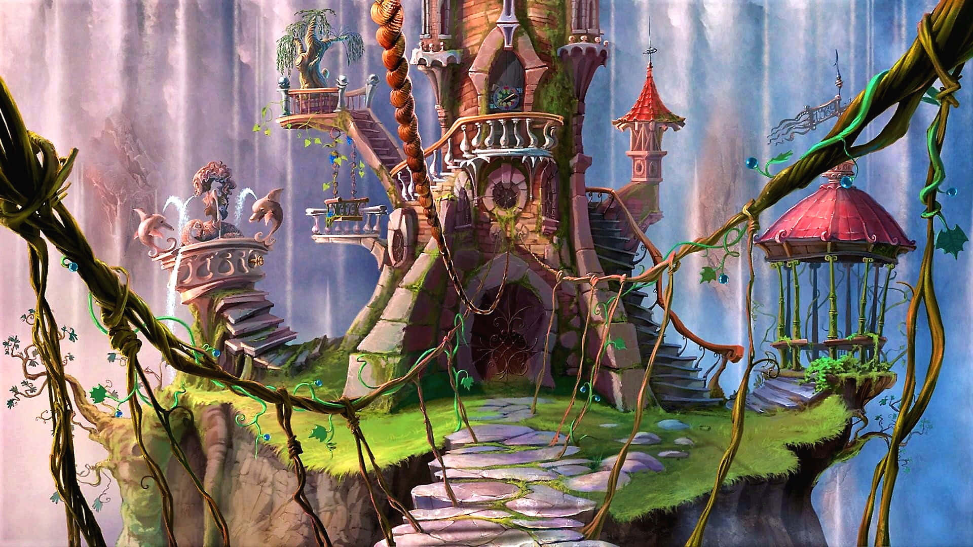 Ethereal Enchanted Forest, whimsical fantasy castle, cliffside, Full HD Desktop Wallpaper