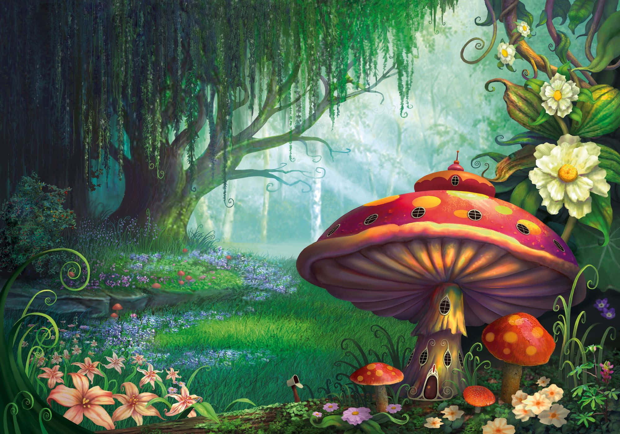 Enchanting Forest Path, mushroom house, lush enchanted forest, Full HD Desktop Wallpaper