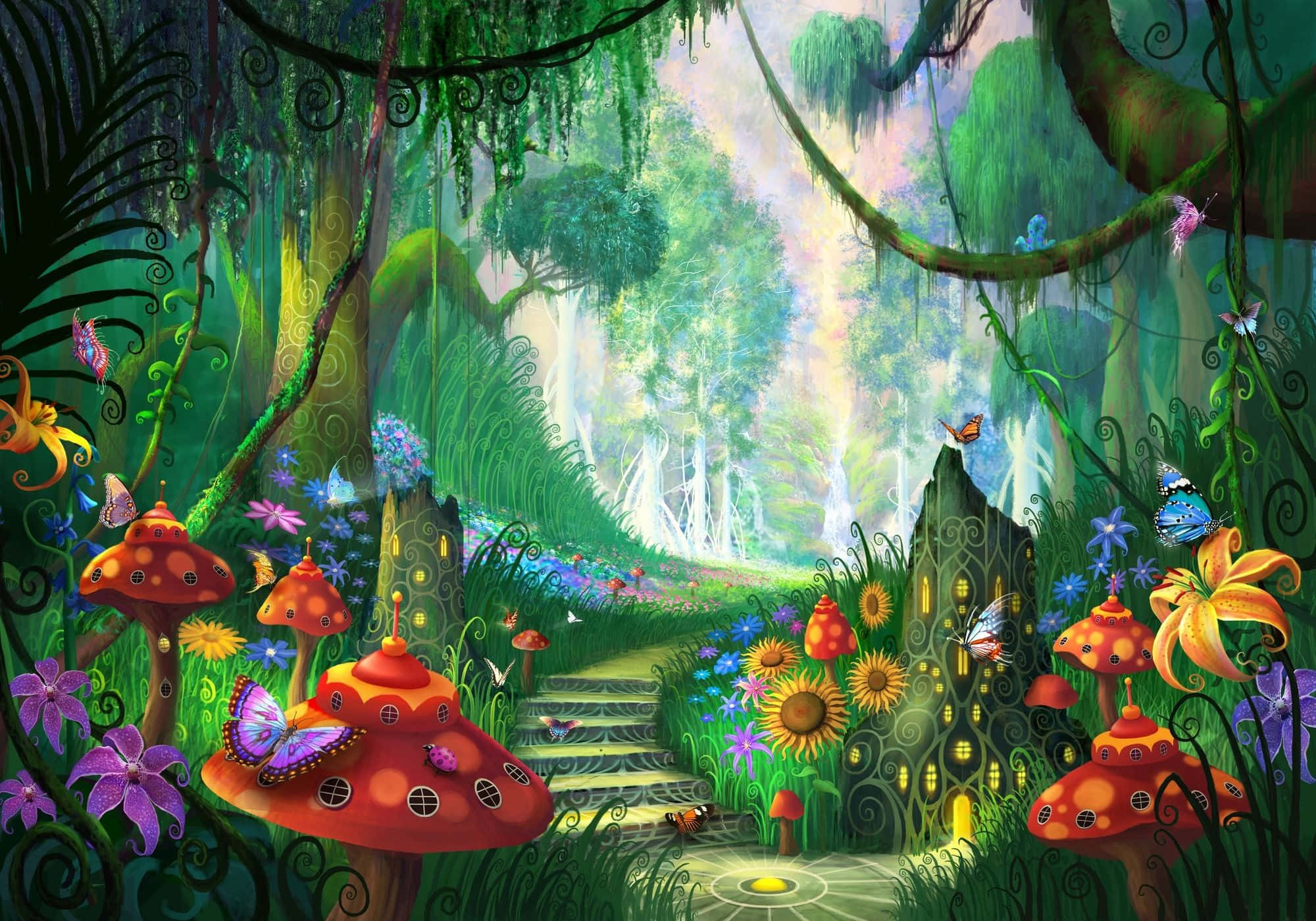 Enchanting Forest Path, glowing mushroom houses, winding stone paths, Full HD Desktop Wallpaper