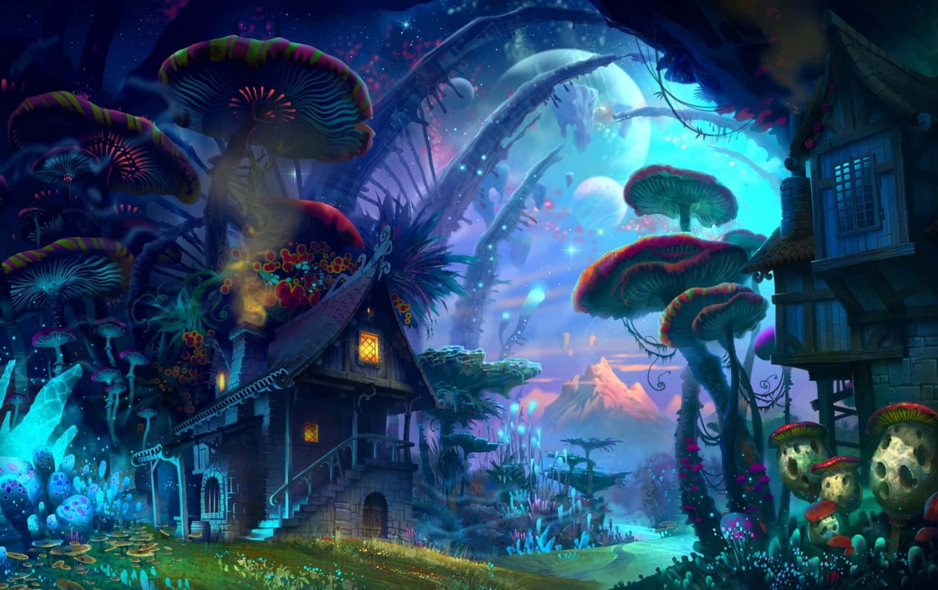 Enchanting Forest Pathway, giant glowing mushrooms, starry twilight sky, HD Desktop Wallpaper