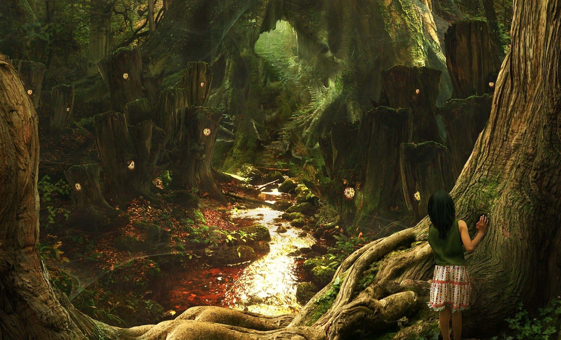 Enchanted Forest Path, glowing mushrooms, mossy path, Full HD Desktop Wallpaper