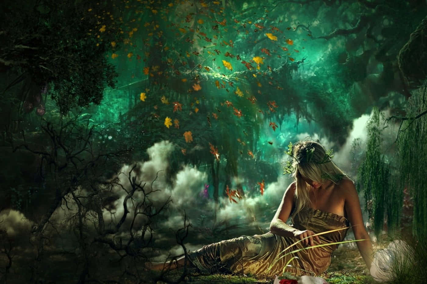 Enchanting Forest Scene, mystical woman, leaf crown, HD Desktop Wallpaper