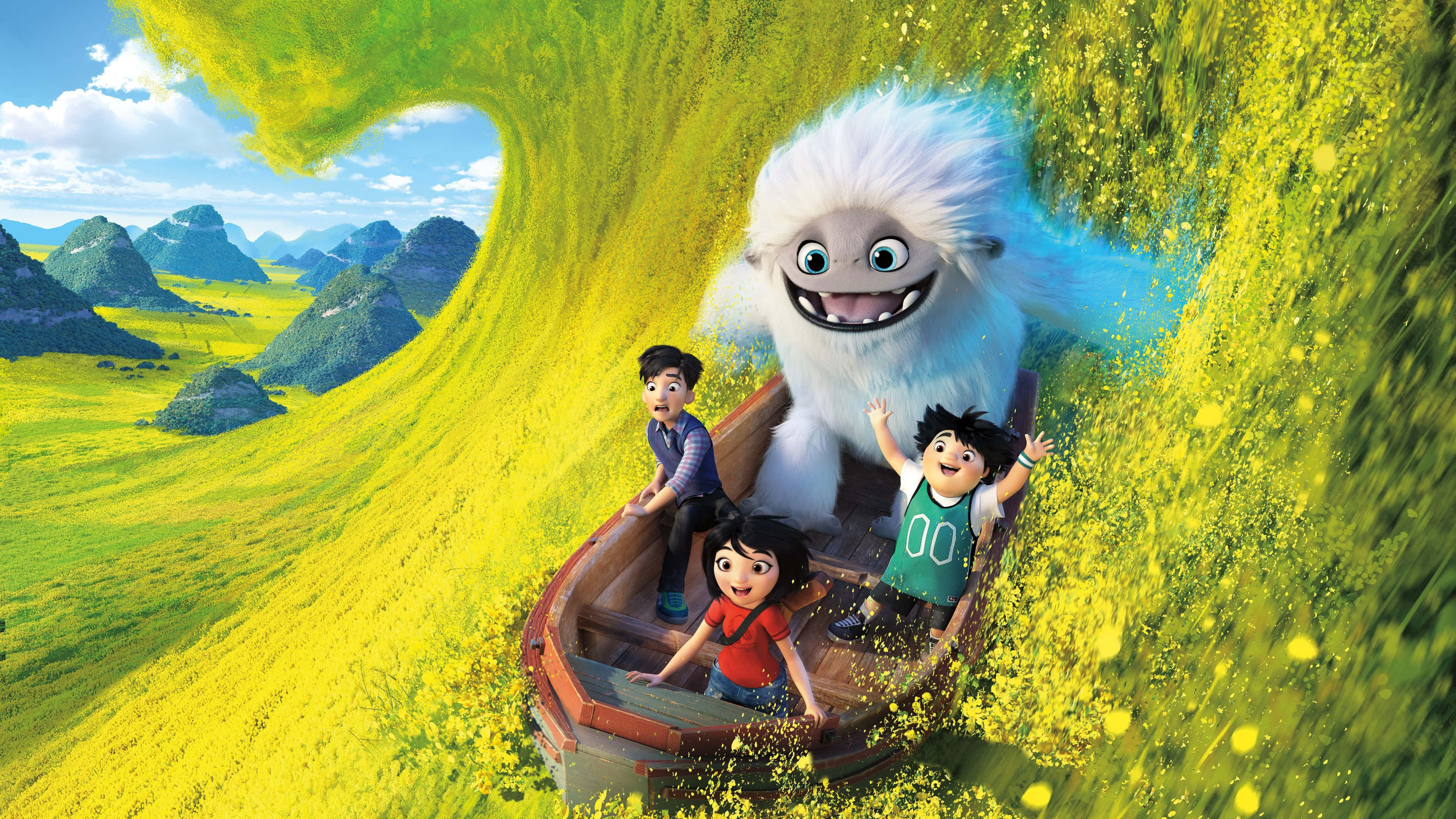 Epic Adventure in the Land of Enchantment, three children, fluffy white creature, 4K Desktop Wallpaper