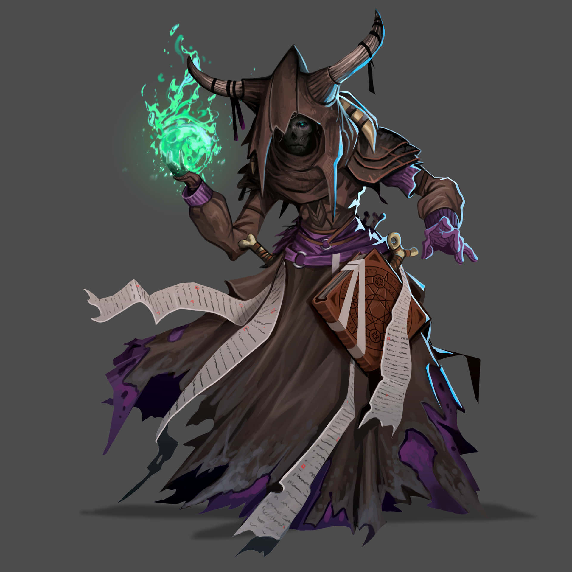 hooded horned sorcerer, tattered robes, swirling green magical orb, Full HD Desktop Wallpaper