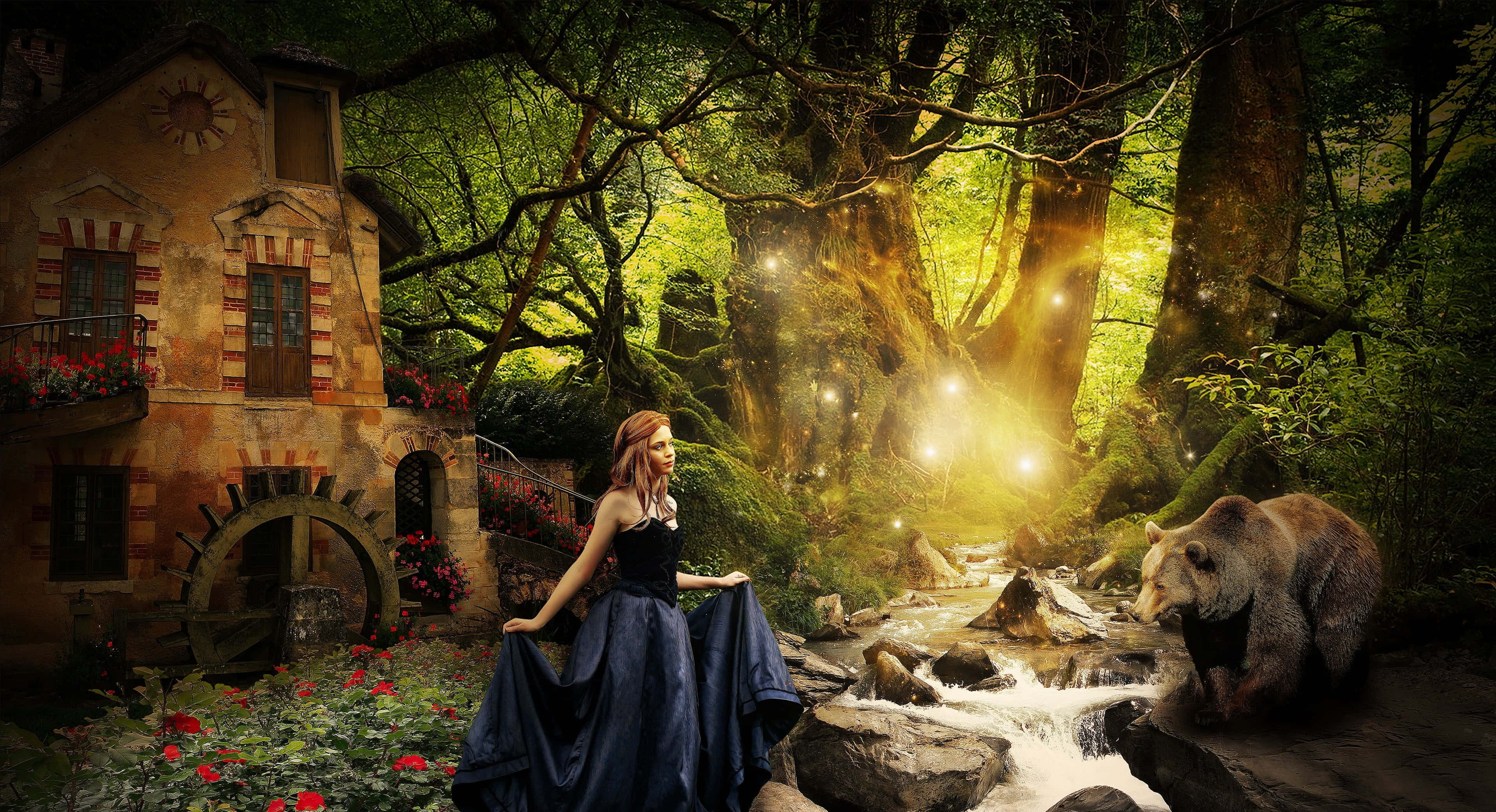Enchanting Forest Path, dark blue gown, rustic watermill, 4K Desktop Wallpaper
