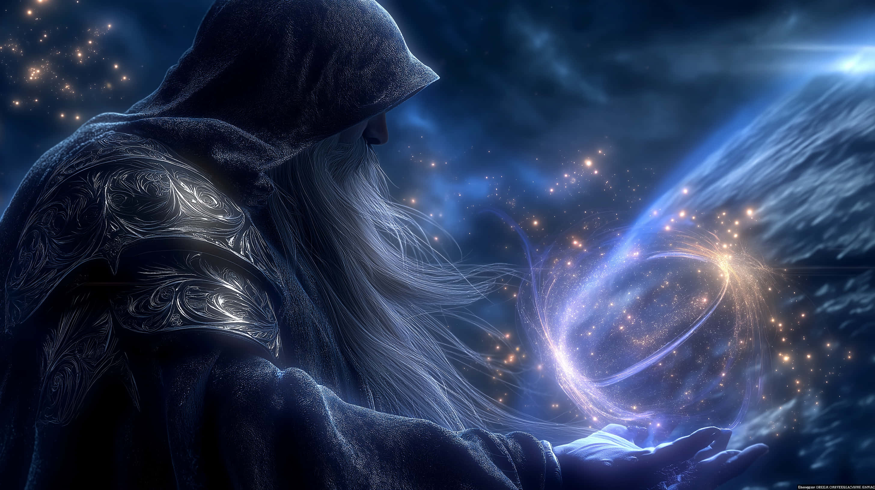 ancient sorcerer, cosmic realm, starry nebula, 2K Desktop Wallpaper