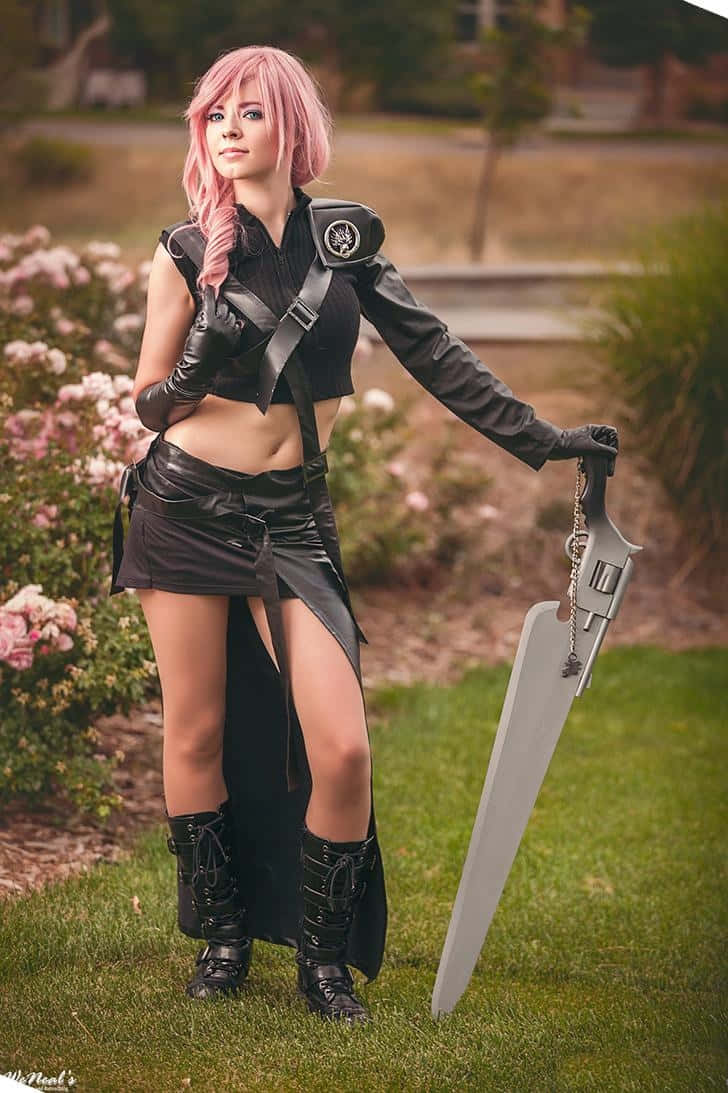 pink hair, large sword, grassy yard, SD Phone Wallpaper