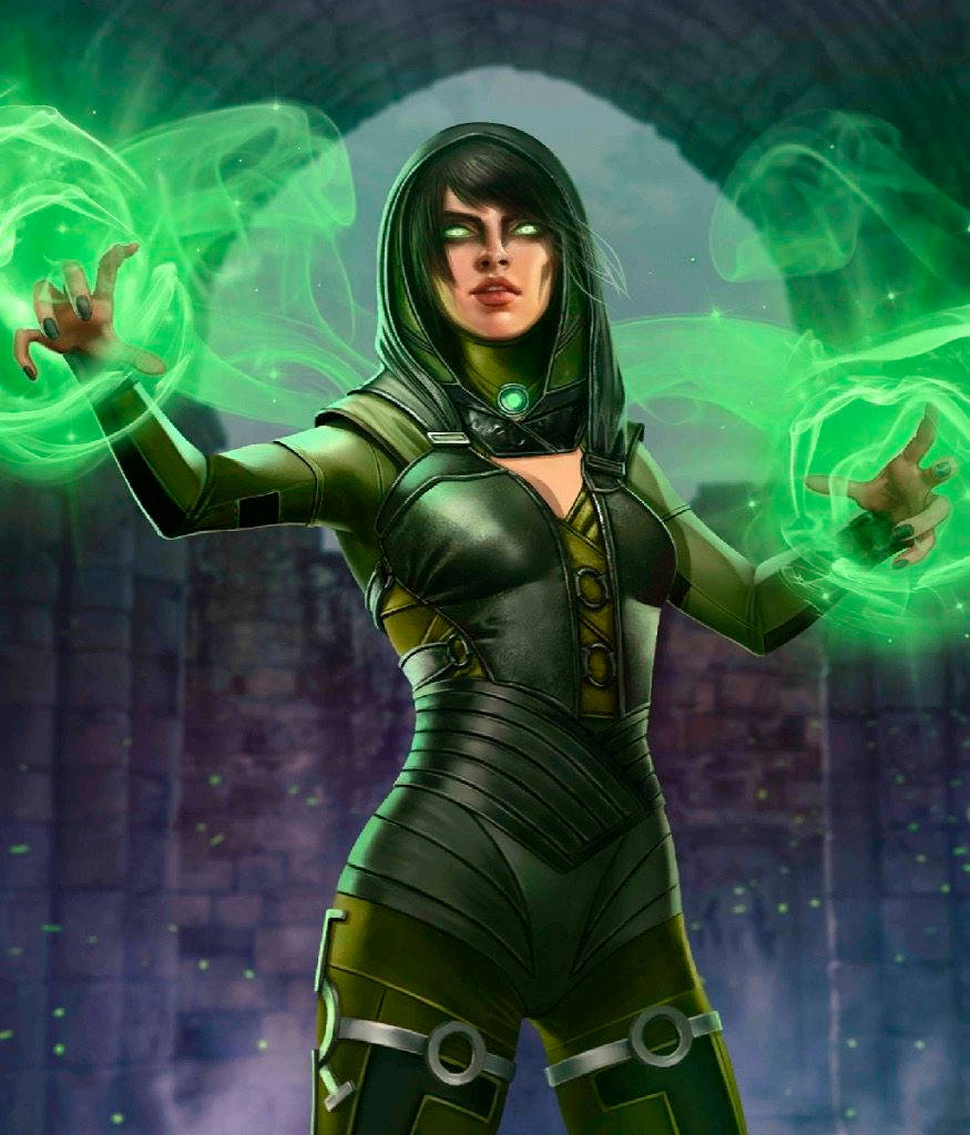 Enchantress, magical green aura, hooded female mage, SD Phone Wallpaper
