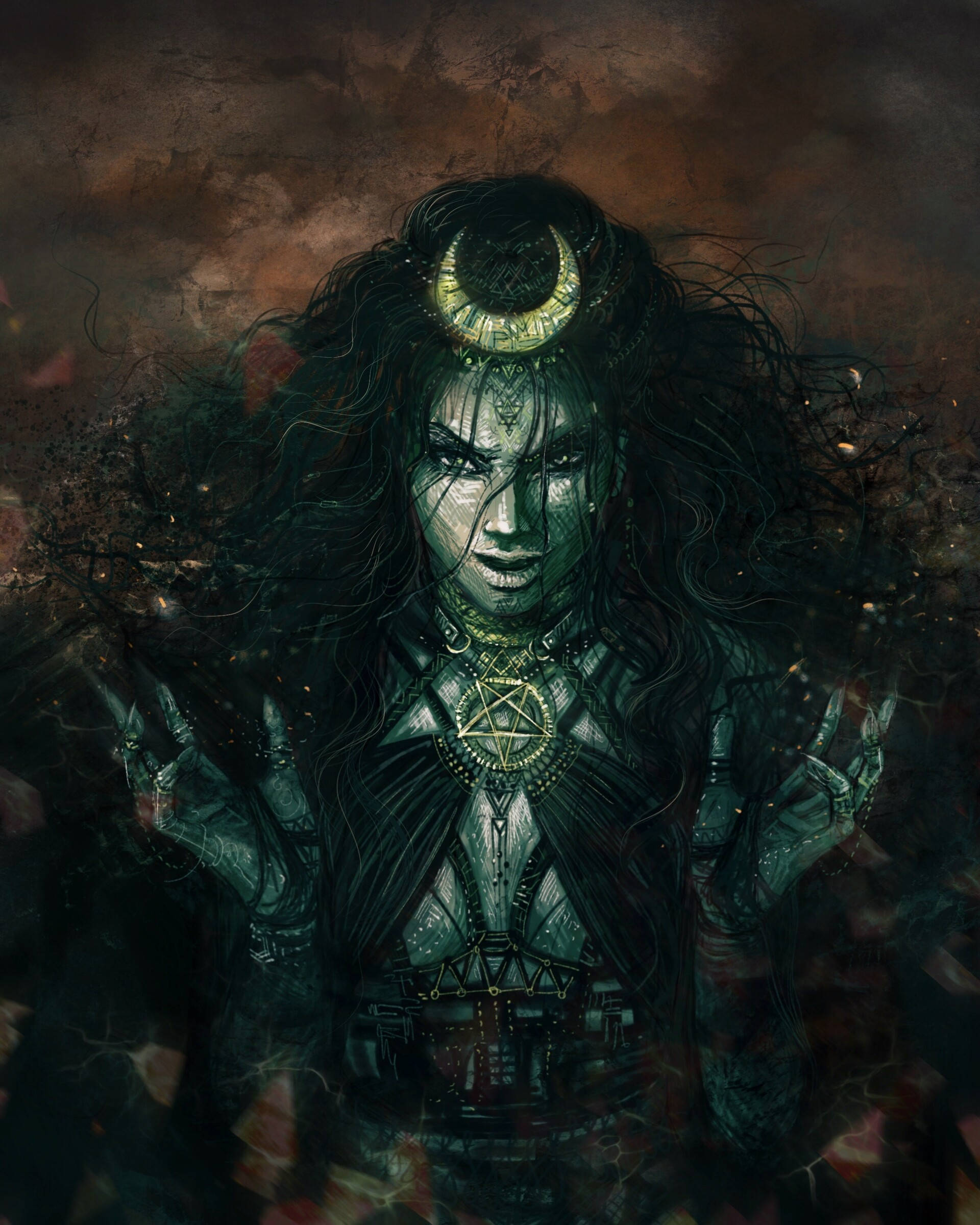 Dark Gothic Enchantress, long black hair, glowing green eyes, Full HD Phone Wallpaper