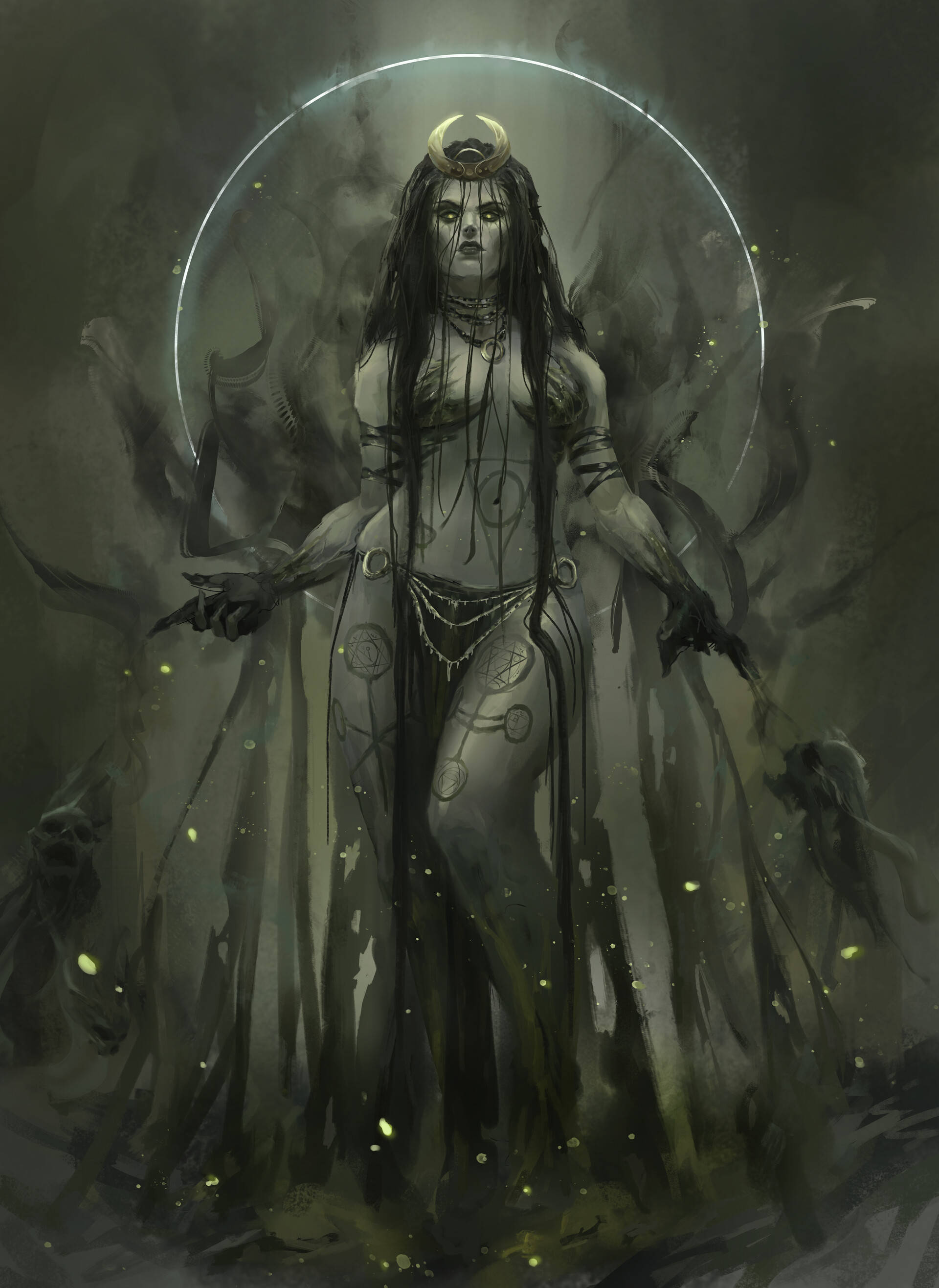 Enchantress, black smoke skull, crescent moon crown, 2K Phone Wallpaper