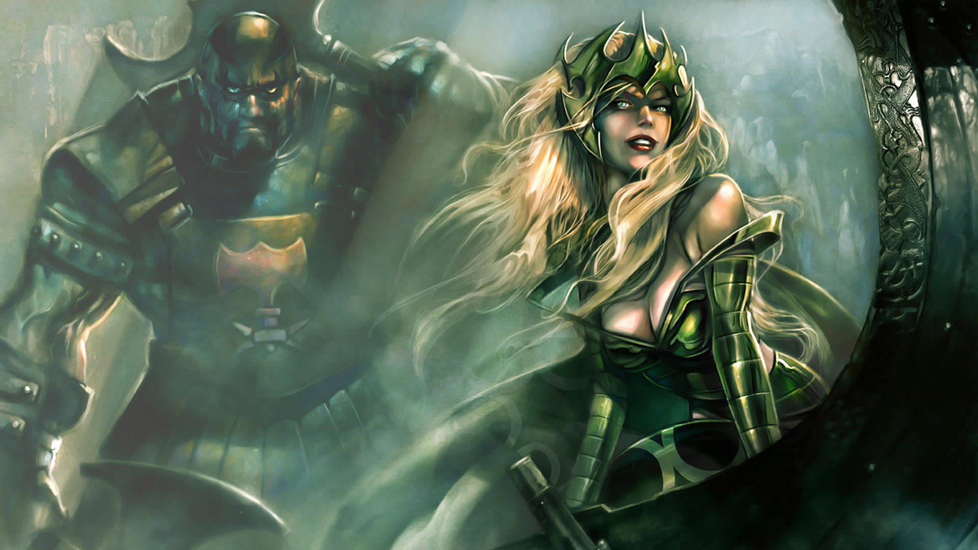 Enchantress, trident headdress, armored woman, Full HD Desktop Wallpaper