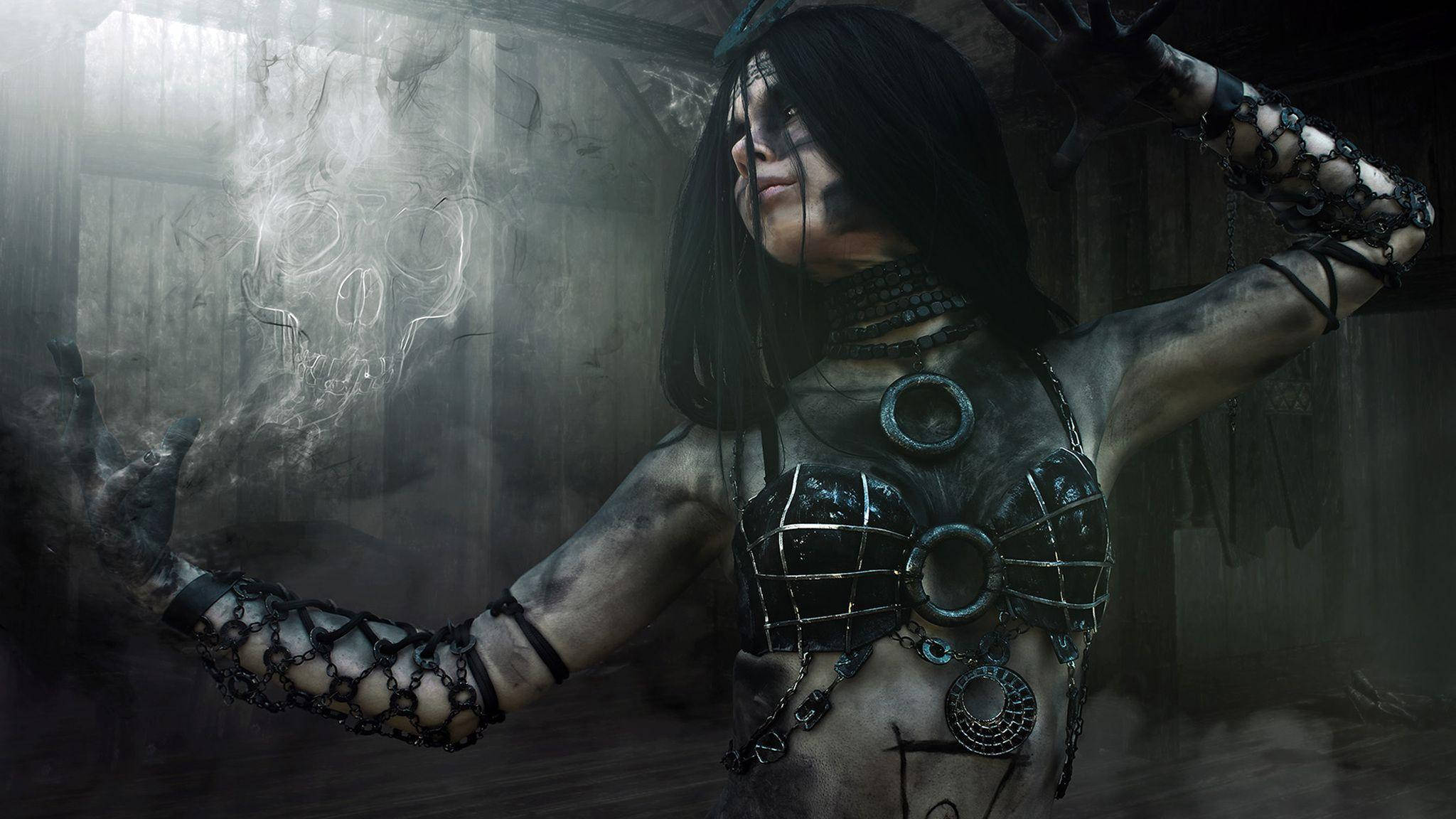 Black Aesthetic Enchantress, black hair, chains, Full HD Desktop Wallpaper