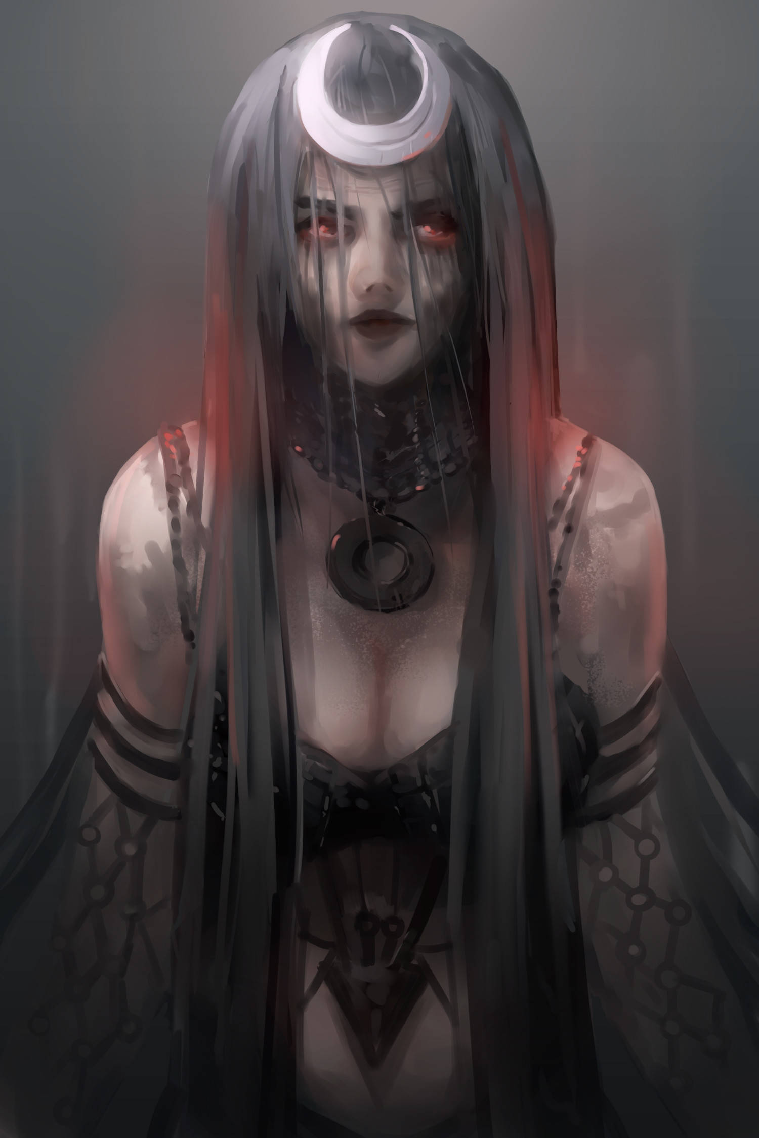 Enchantress, long grey hair, glowing red eyes, Full HD Phone Wallpaper