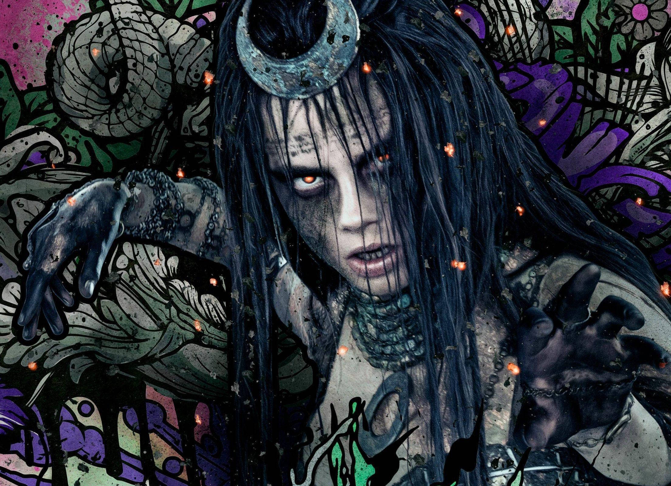 Enchantress, glowing orange eyes, intricate tattoos, Full HD Desktop Wallpaper
