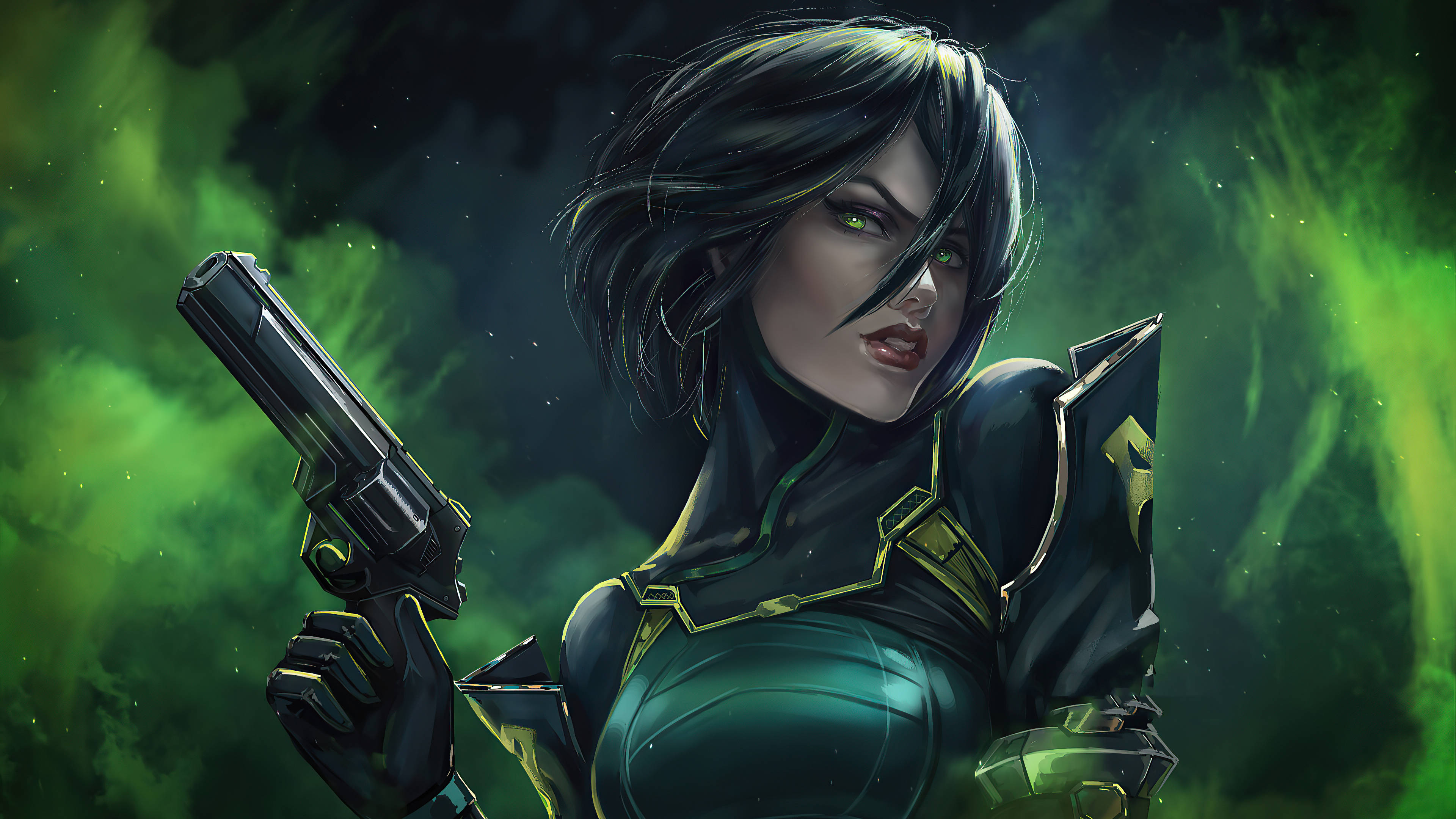 Enchantress, revolver gun, glowing green eyes, 4K Desktop Wallpaper