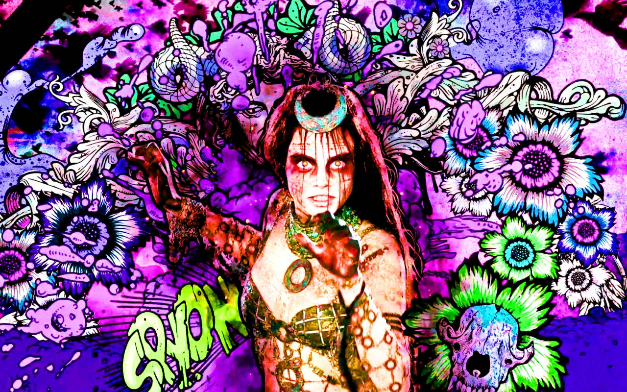 Enchantress, floral graffiti wall, glowing eyes, HD Desktop Wallpaper