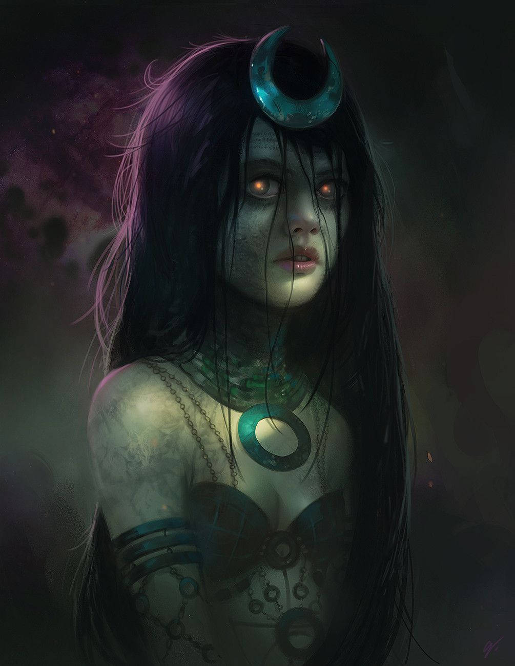 Enchantress, glowing red eyes, crescent moon headpiece, HD Phone Wallpaper