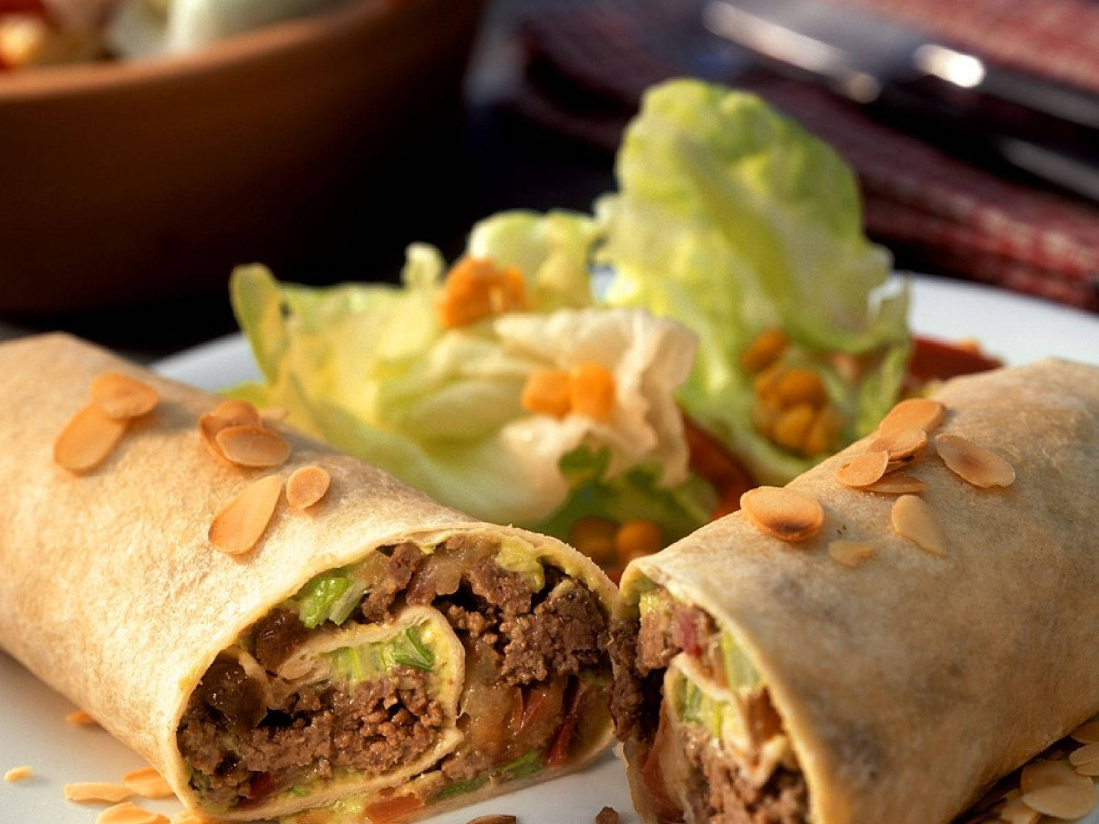 beef enchiladas, almonds, lettuce, HD Desktop Wallpaper