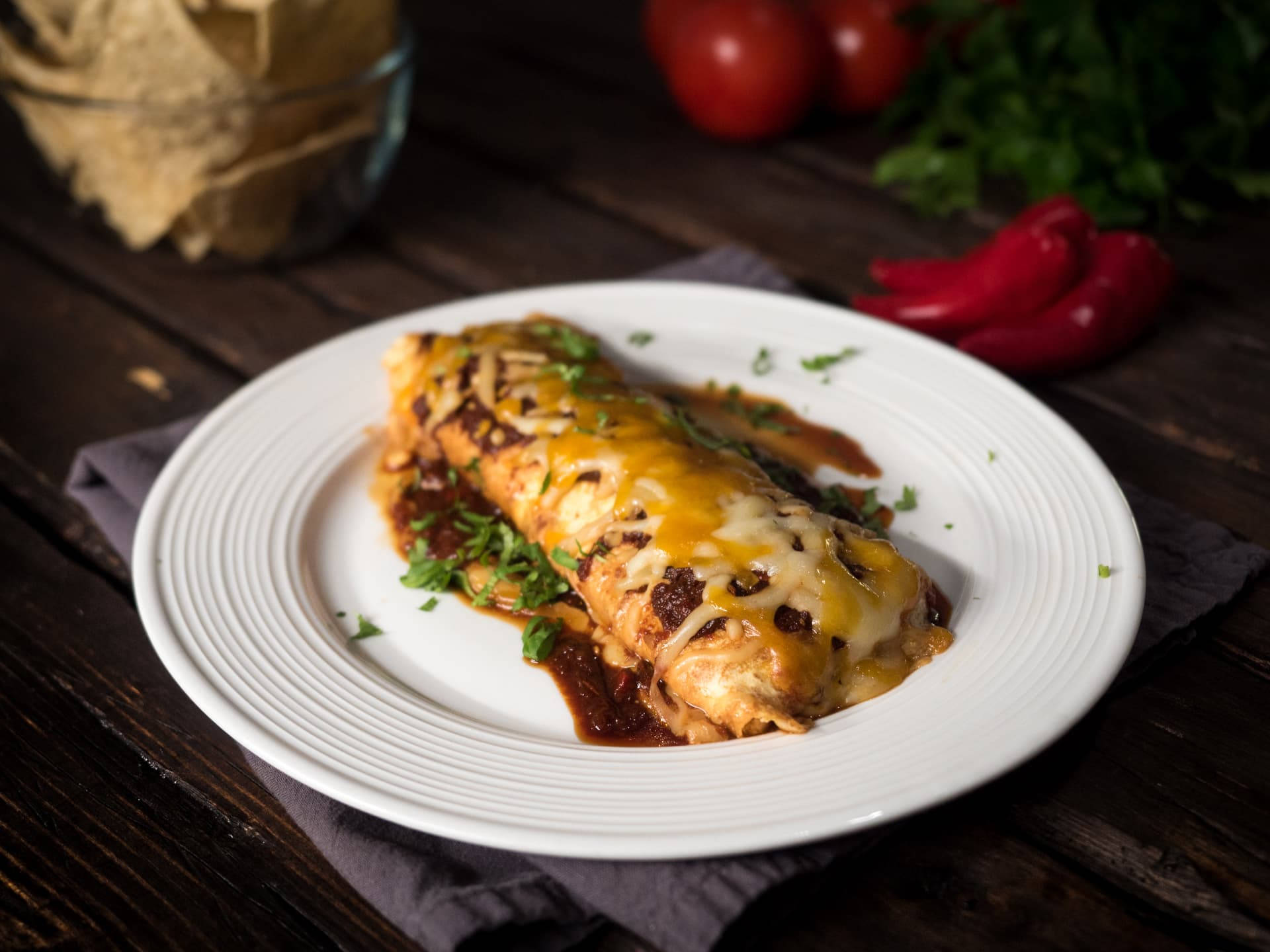 enchiladas gourmet, white plate, dark wooden table, Full HD Desktop Wallpaper