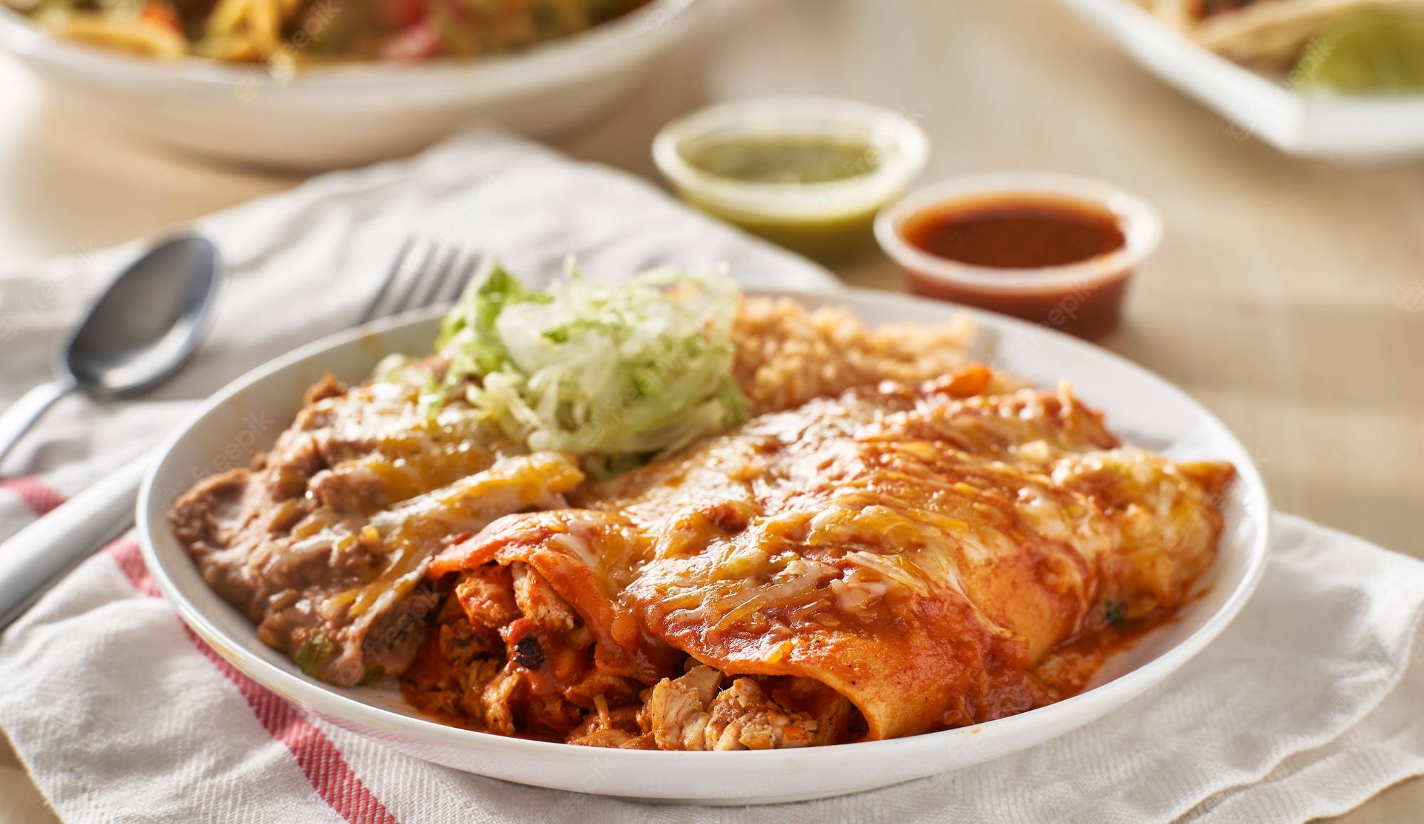 creamy enchiladas, white plate, red sauce, Full HD Desktop Wallpaper