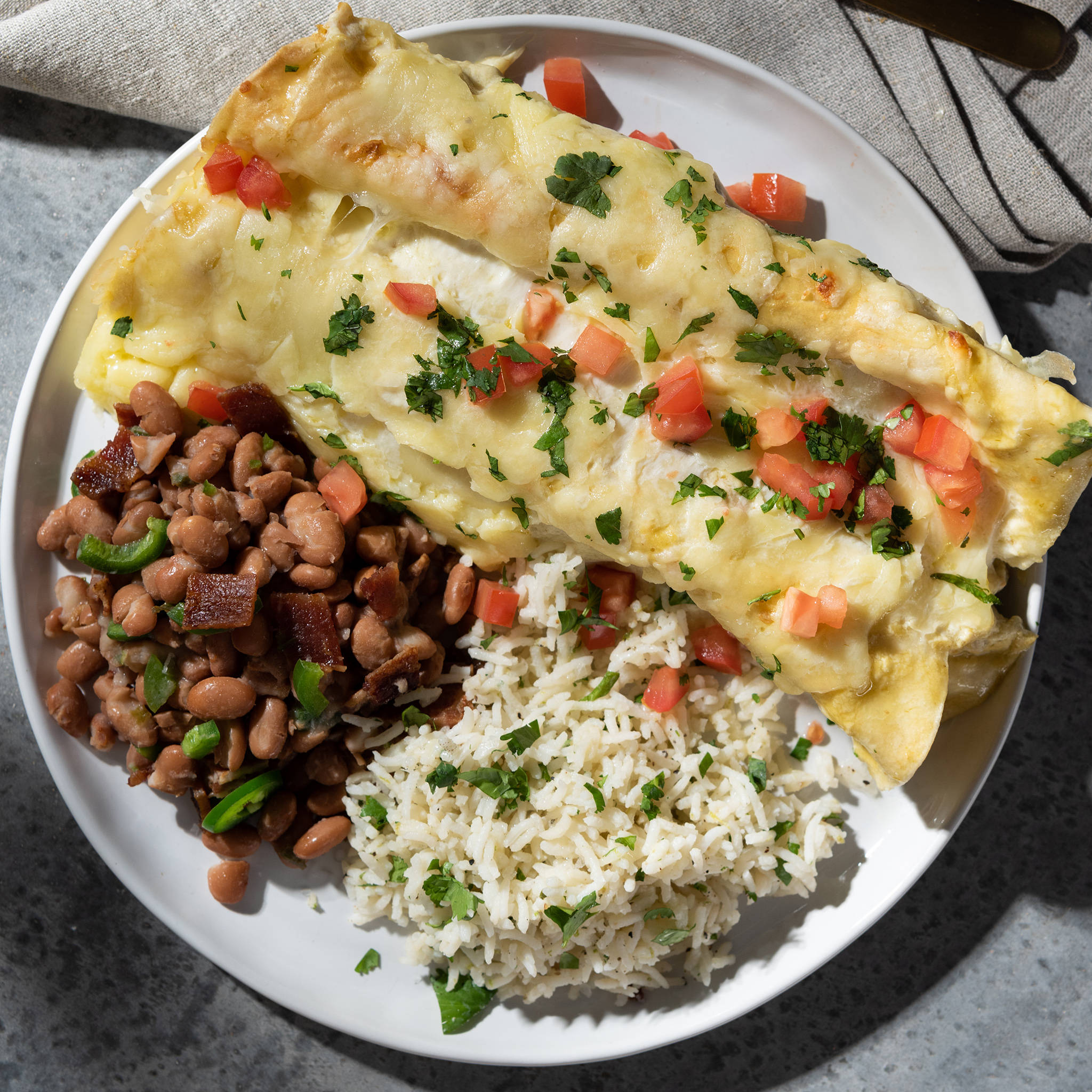 enchiladas, beans and rice, fresh tomatoes, Full HD Desktop Wallpaper