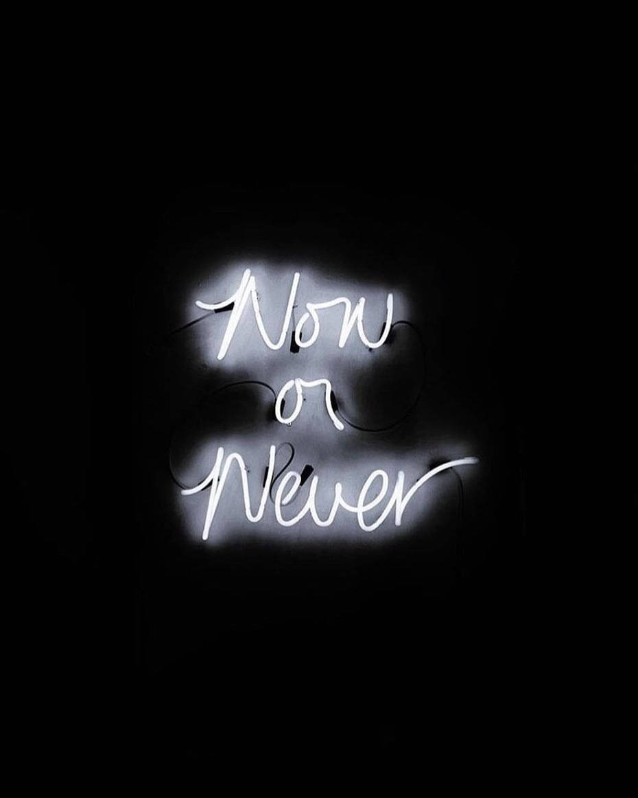 Now or Never, glowing white neon sign, pitch black background, SD Phone Wallpaper