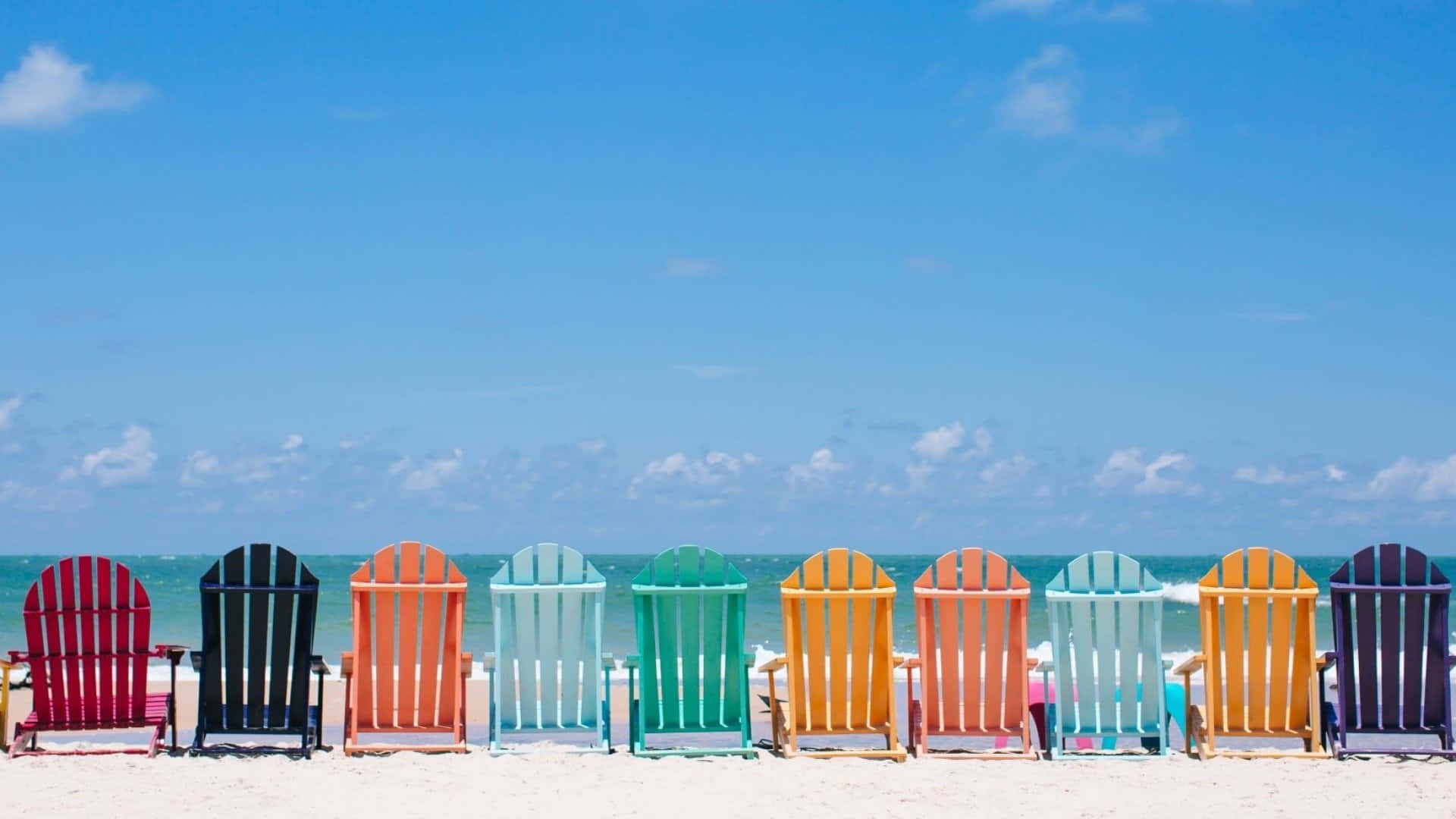 Adirondack chairs, rainbow-colored, ocean, Full HD Desktop Wallpaper