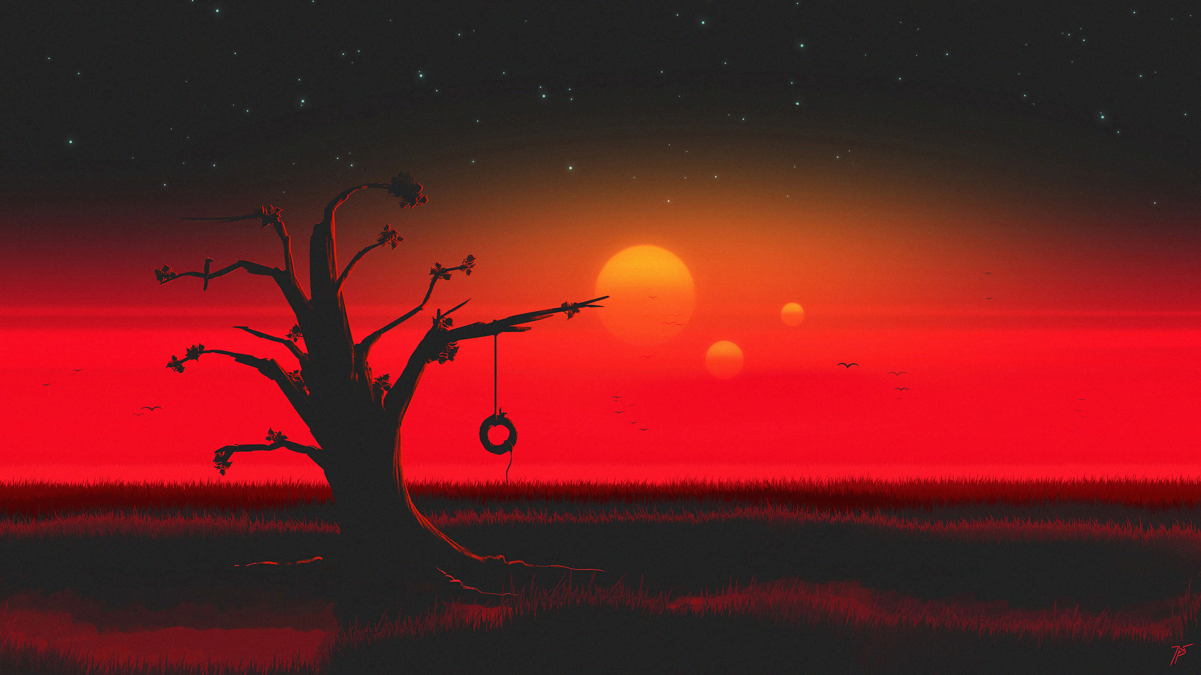 blood red sky, three suns, stars, 4K Desktop Wallpaper